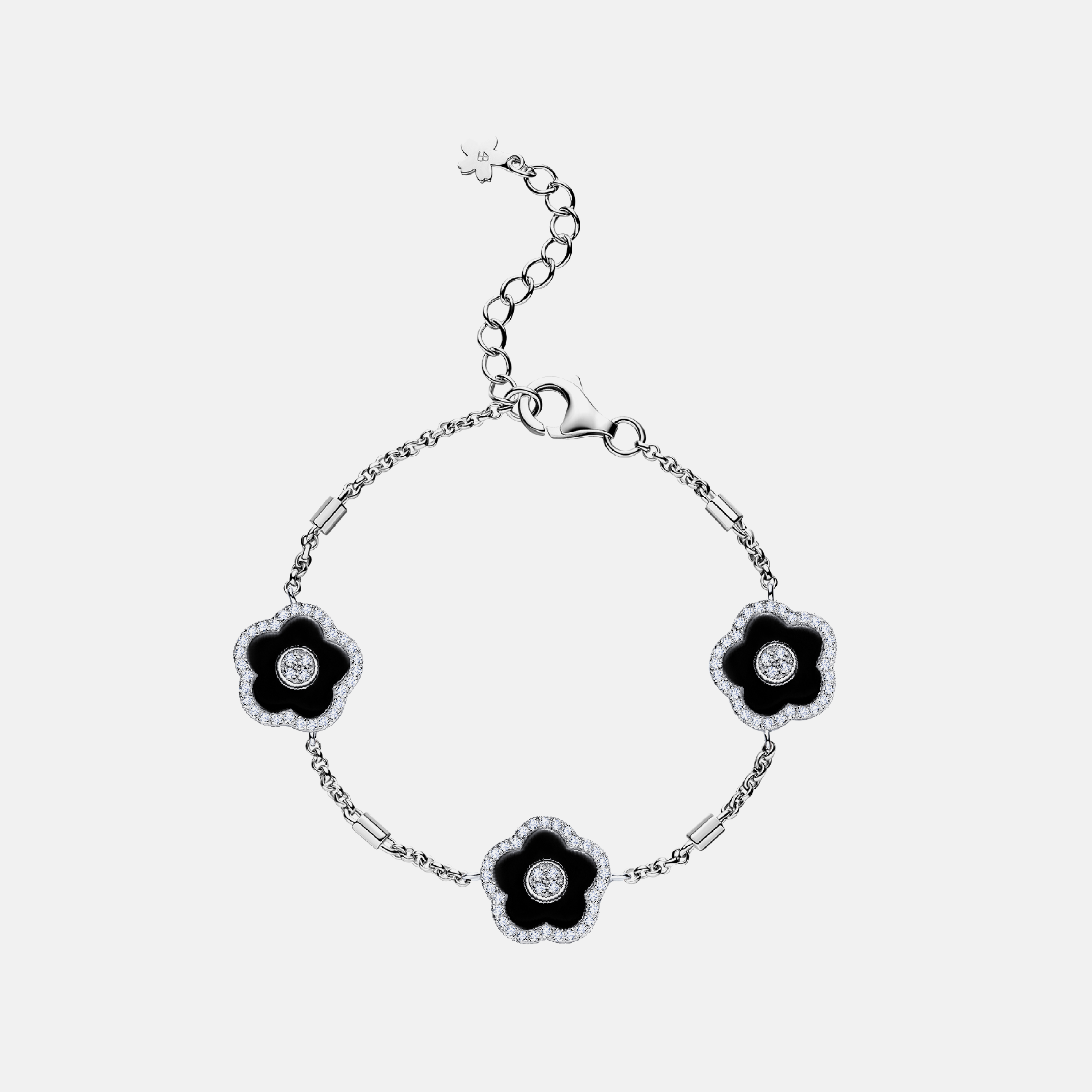 Cherry Blossom Ceramic Three Black Ceramic Flowers Silver Bracelet Silver Platinum Plated