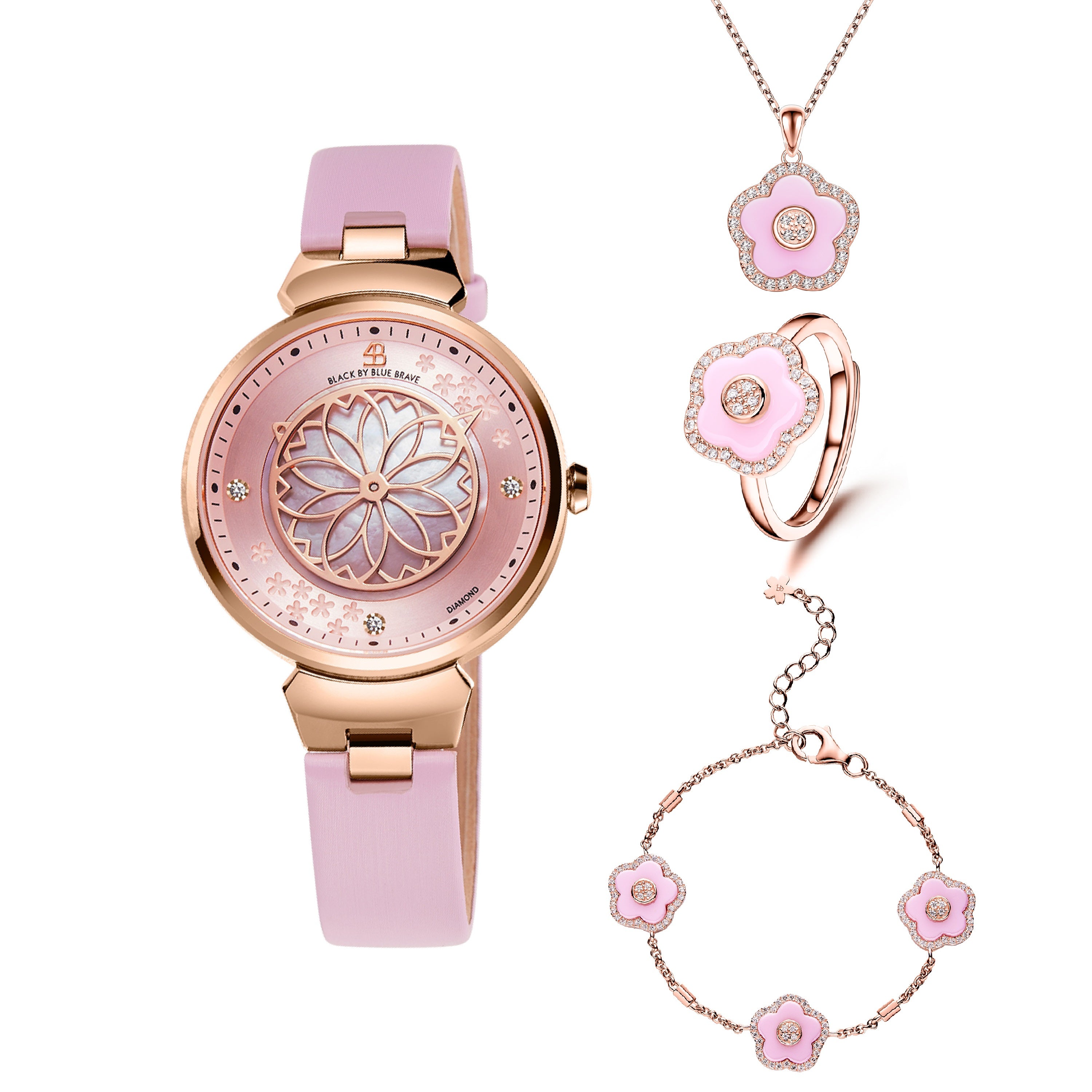 Pink Cherry Blossom Watch With Flower Ceramic Jewelleries (Ring, Necklace and Bracelet)