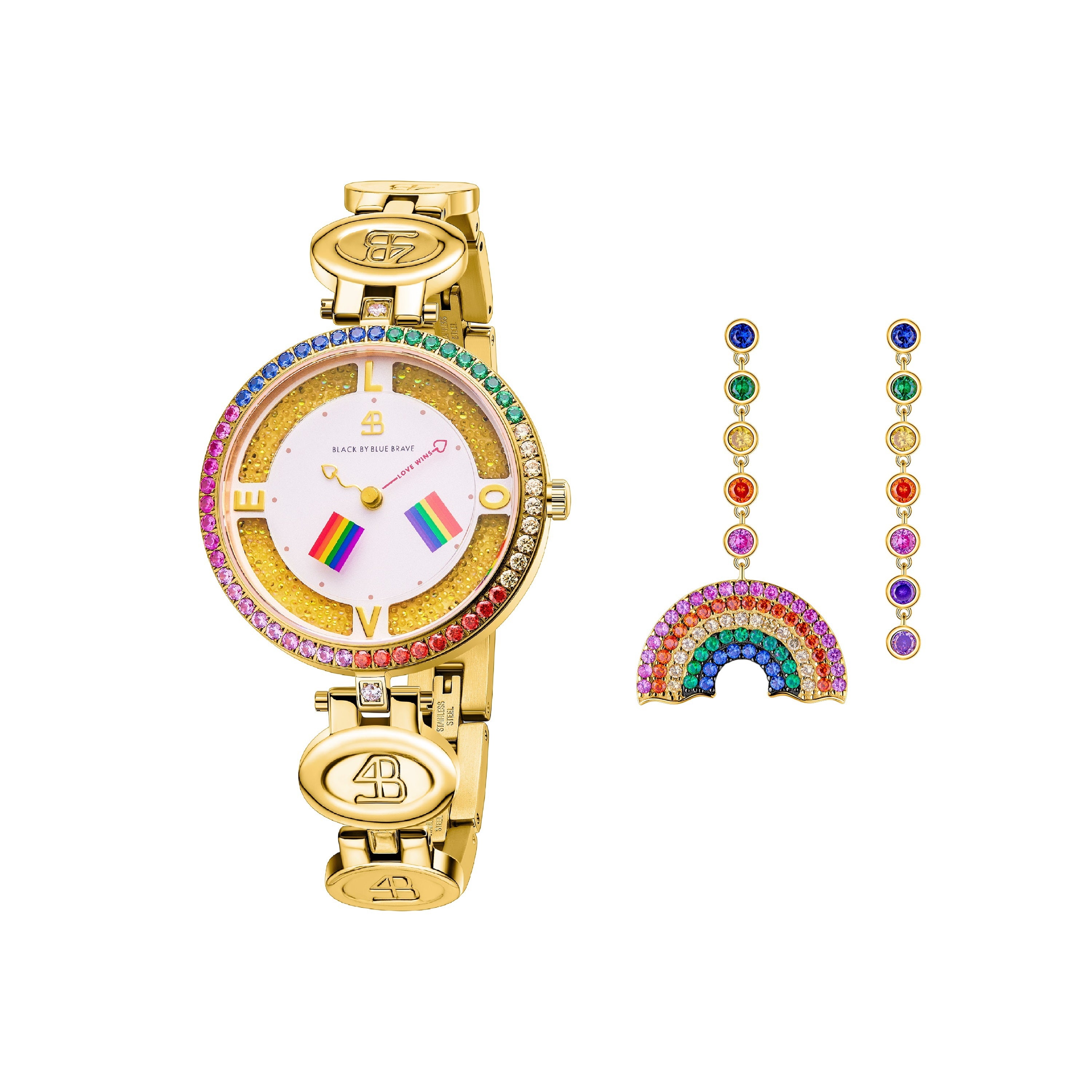 Gold Love Wins 2024 Watch with Rainbow Earrings