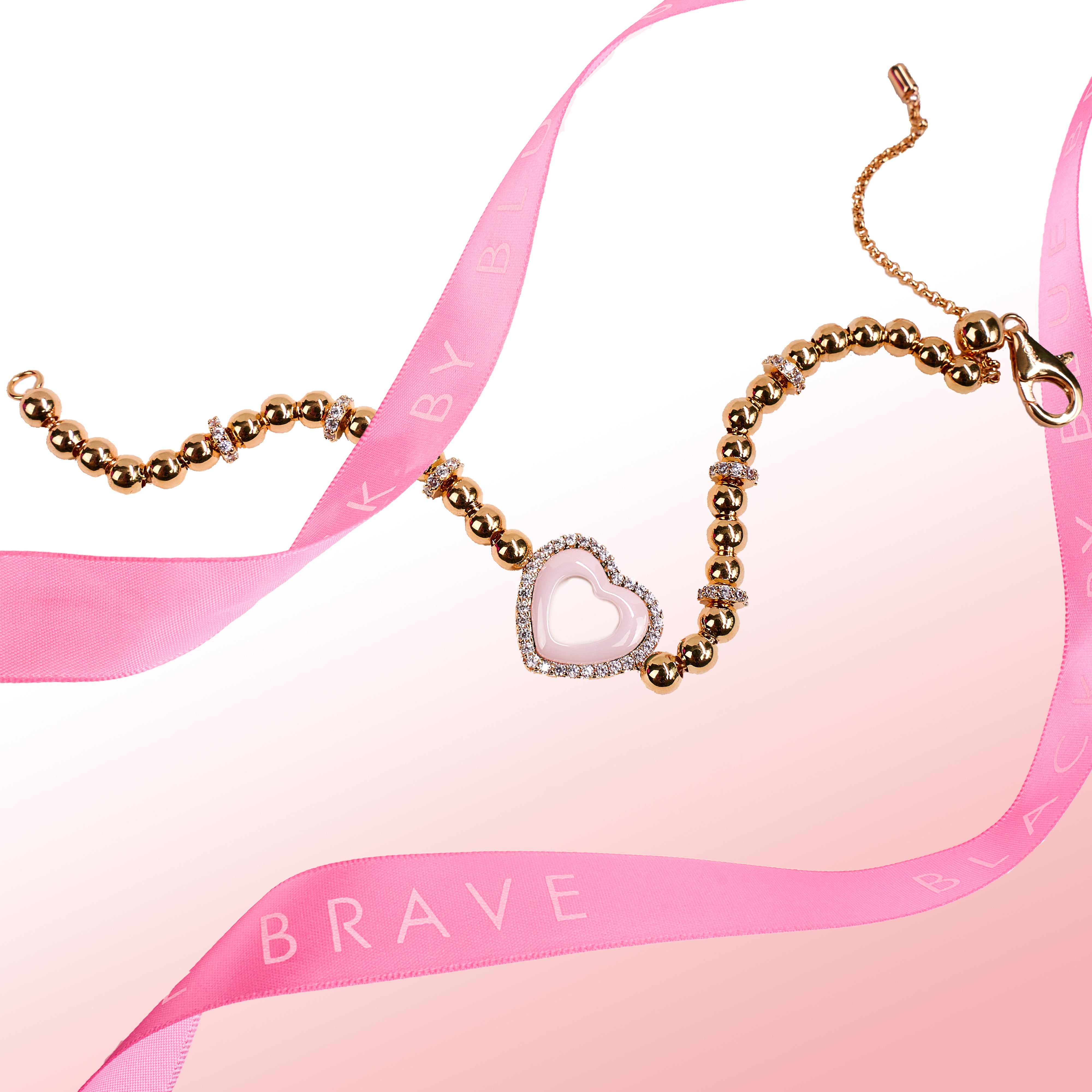 Love Heart Bracelet Brass 18K Rose gold Plating & Pink/White Heart Ceramice