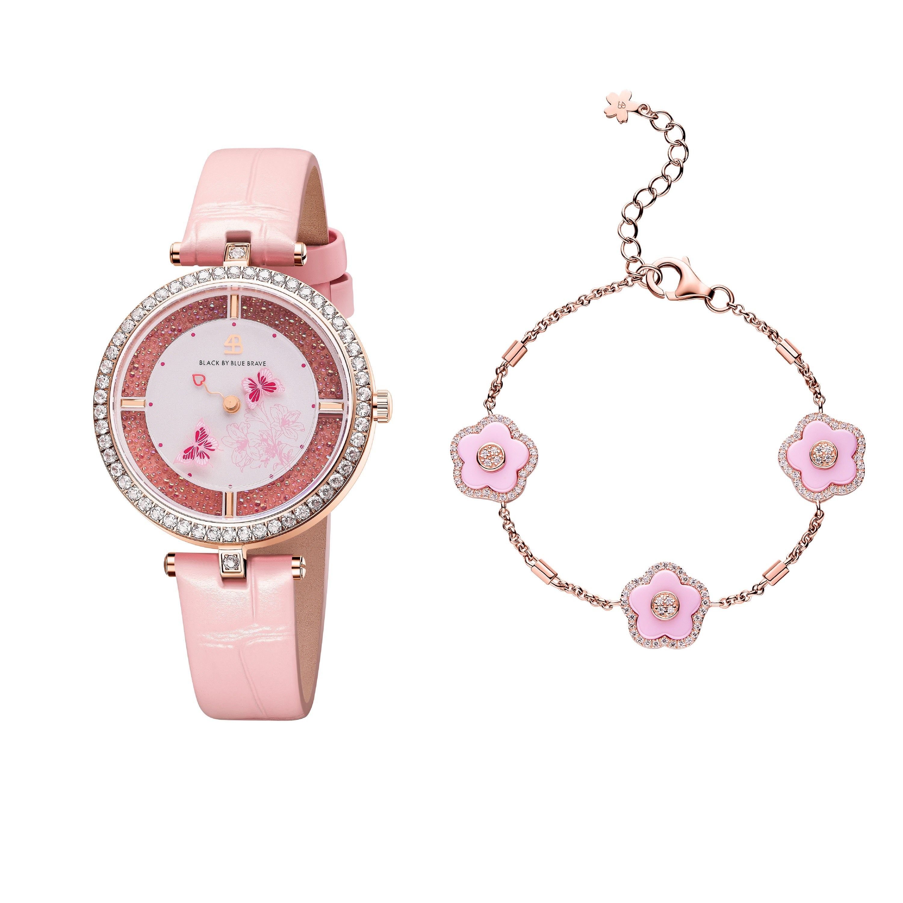 Pink Butterfly Lovers Watch With Flower Ceramic Bracelet