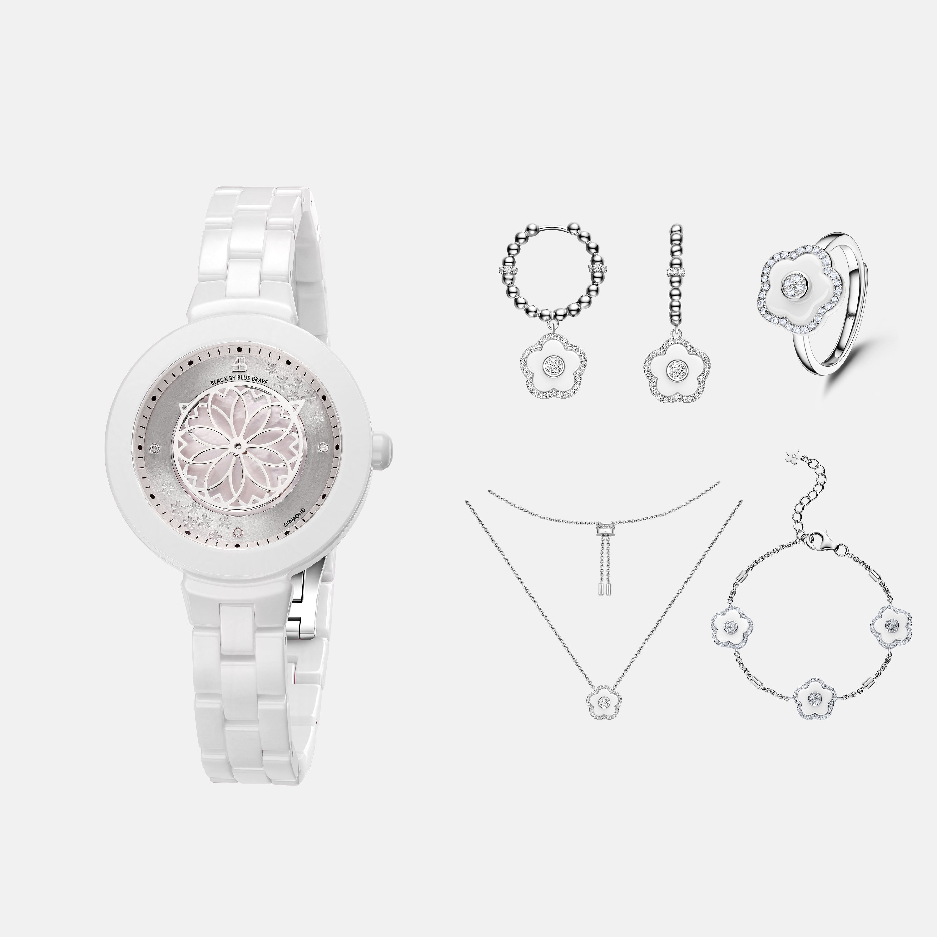 White Diamond Cherry Blossom Ceramic Watch With Flower Ceramic  Jewelleries（Earrings & Bracelet & Necklace & Ring）