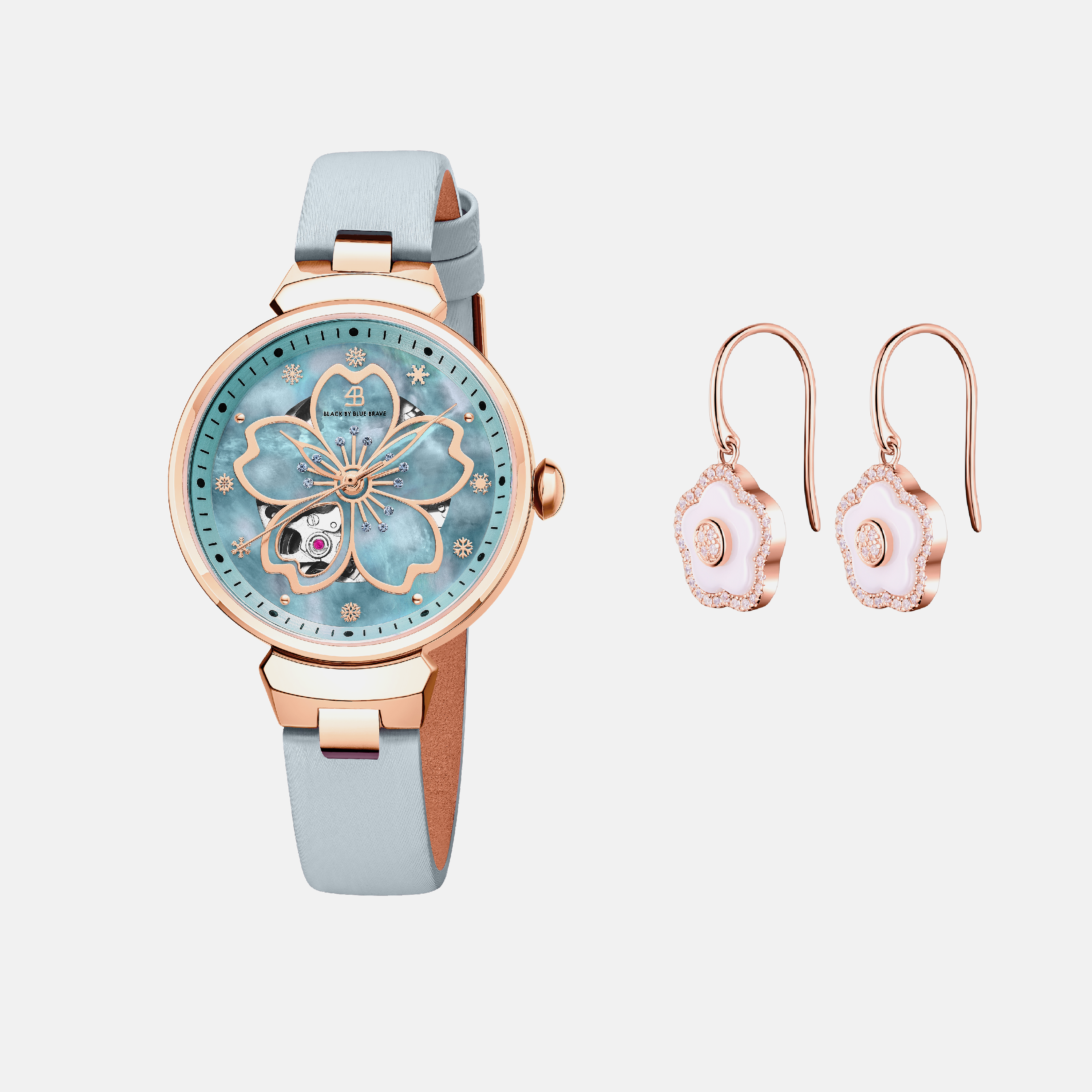 BLUE CHERRY BLOSSOM 36MM AUTOMATIC WATCH & ROSEGOLD FLOWER EARRINGS & WHITE CERAMIC