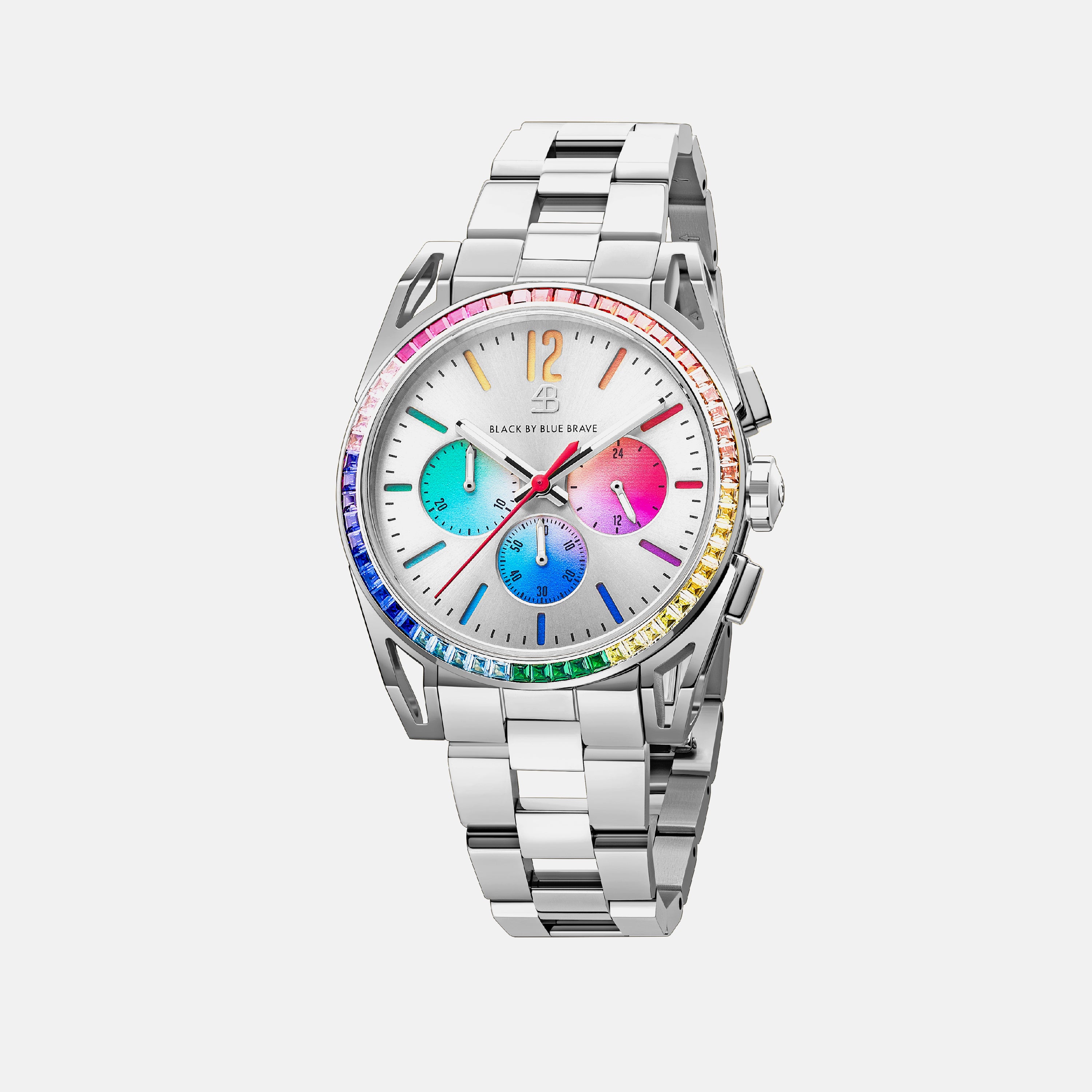 Love Wins 40mm Silver Chronograph Rainbow Zirconia Bracelet Watch