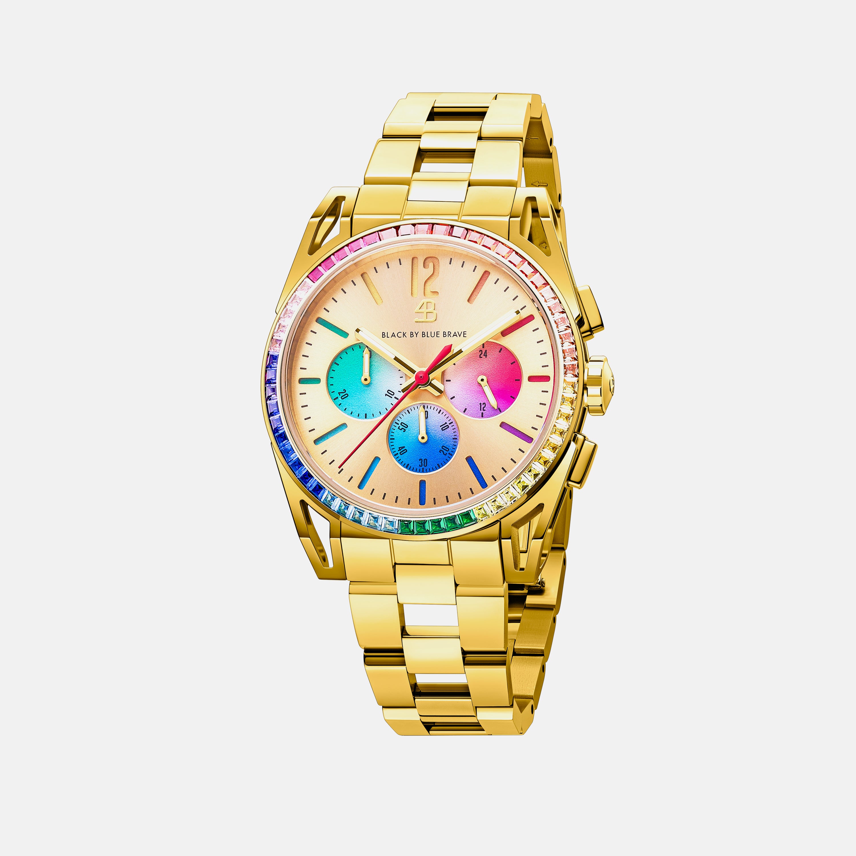 Love Wins 40mm Gold Chronograph Rainbow Zirconia Bracelet Watch