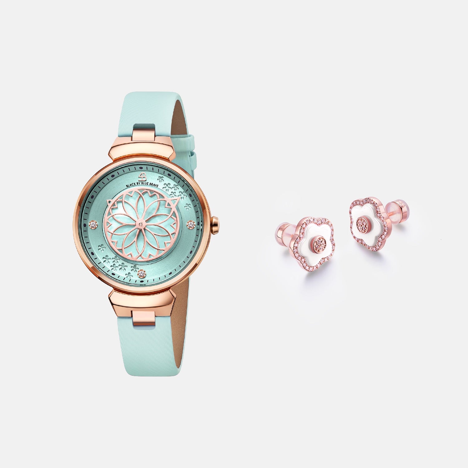 BLUE CHERRY BLOSSOM WATCH & FLOWER CERAMIC EARRINGS