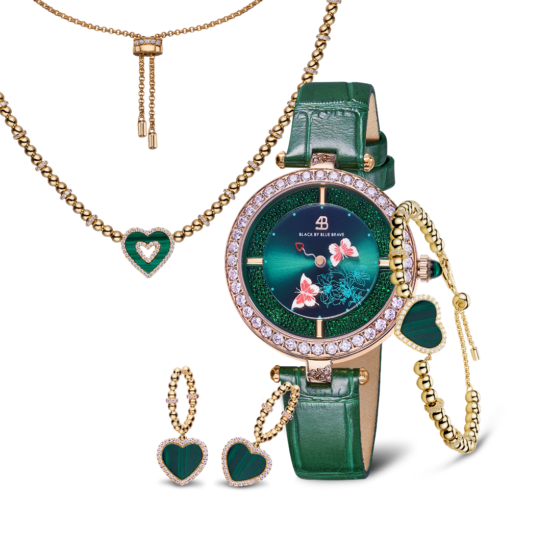 Green Butterfly Lovers Watch With Love Heart Malachite Jewelleries (Bracelet+Earrings+Necklace)