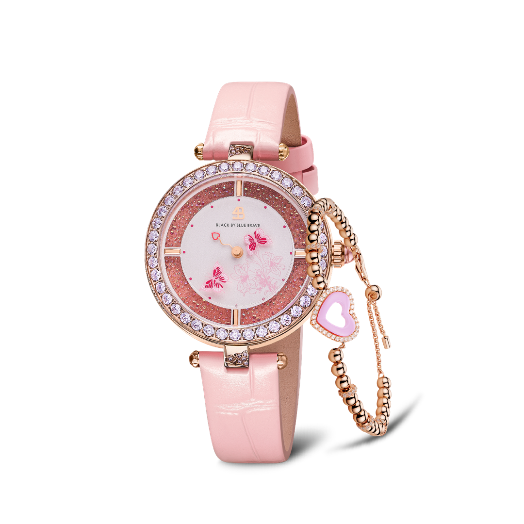 Pink Butterfly Lovers Watch With Love Heart Pink Ceramic Bracelet