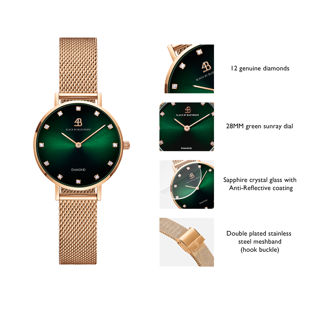 Diamond in the Hand 28mm Green Sunray Dial Genuine Diamond Markers Rosegold Meshband Watch