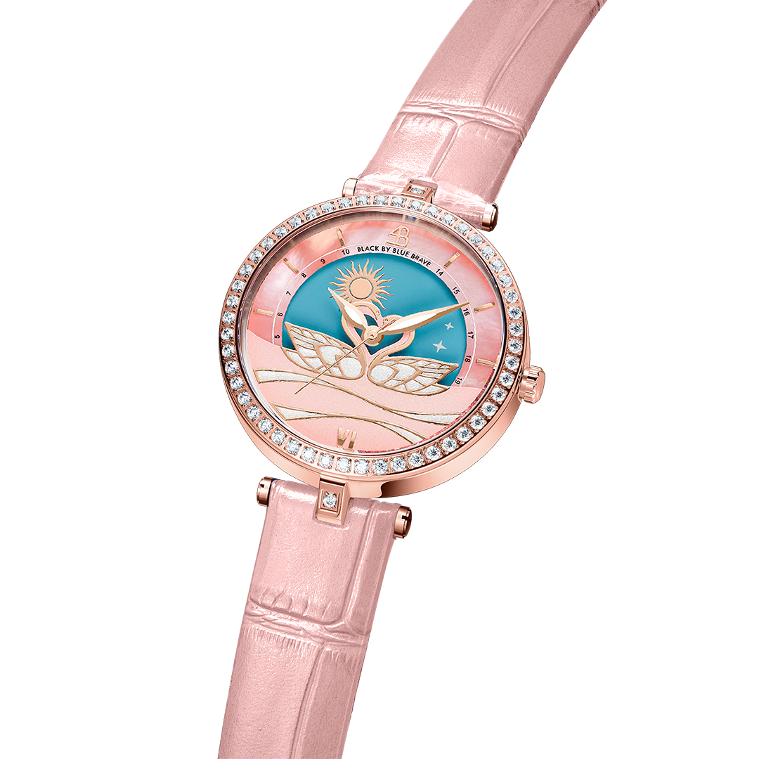 Swan Lovers 34mm Pink Moon Phase Dial Leather Strap Watch