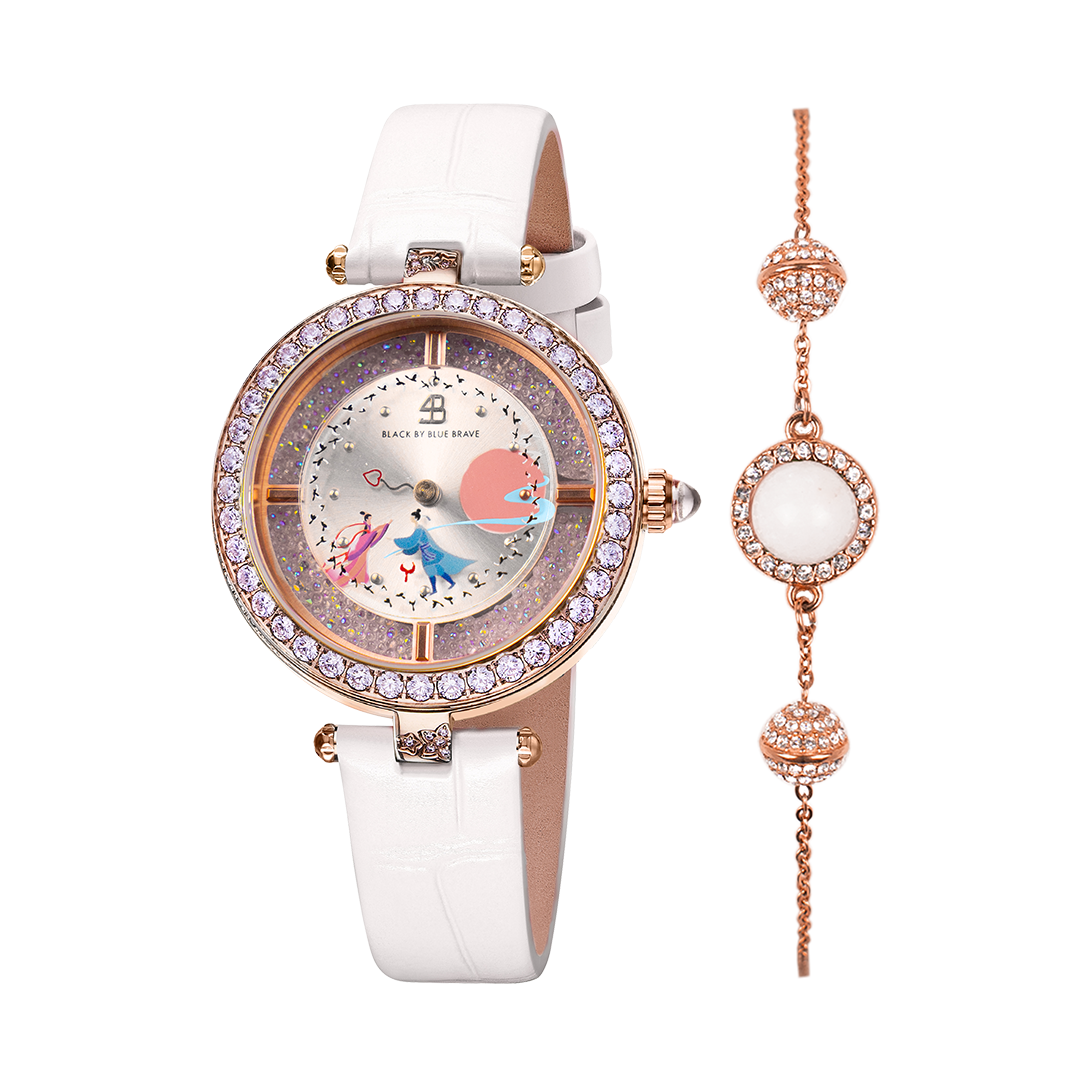 Cowherd and Weaver Girl 34mm White Dial Magpies Bridge Genuine Leather Strap Watch  (One Watch & One Free Bracelet)