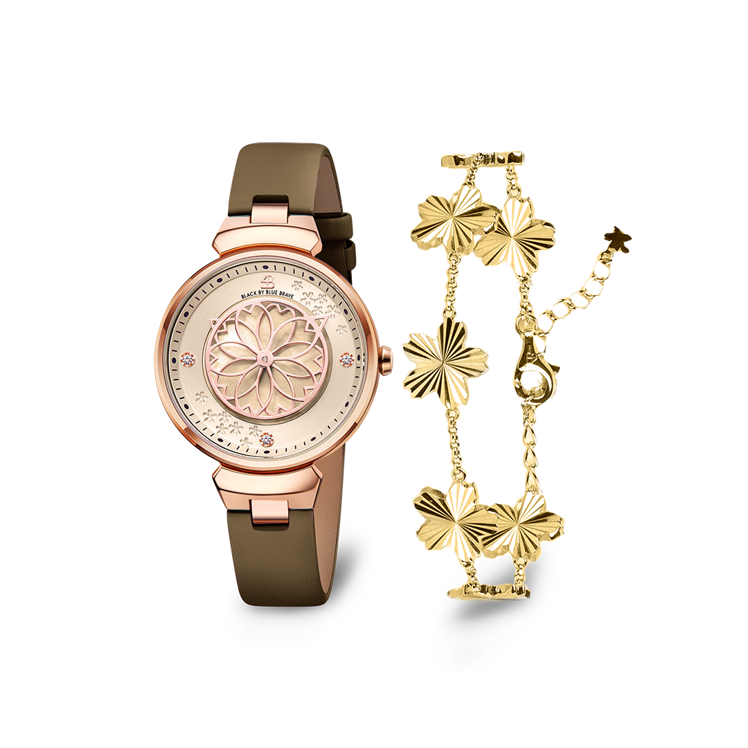 Champagne Cherry Blossom Watch With Gold Cherry Blossom Gleam Bracelet