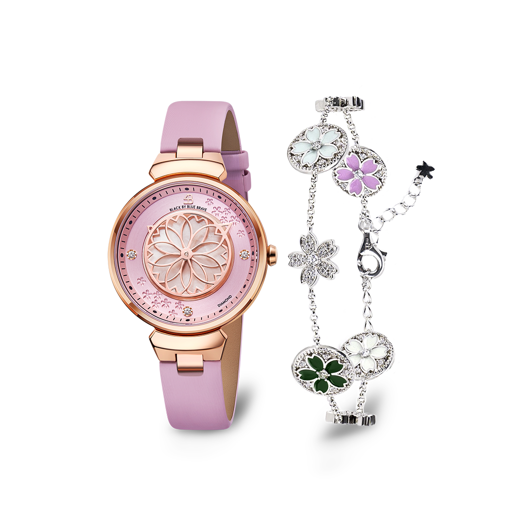 Pink Cherry Blossom Watch With Silver Cherry Blossom Symphony Bracelet