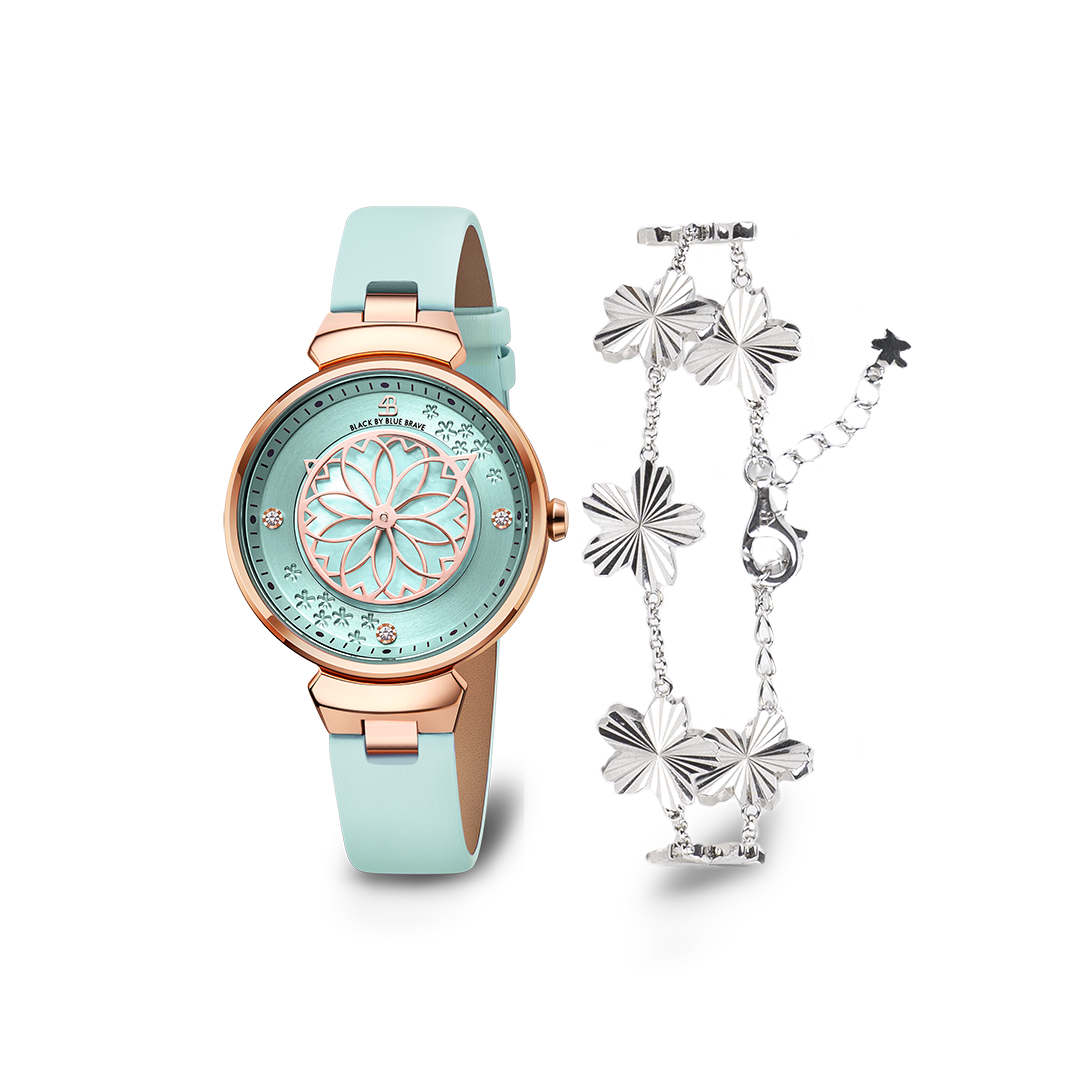 Blue Cherry Blossom Watch With Silver Cherry Blossom Gleam Bracelet