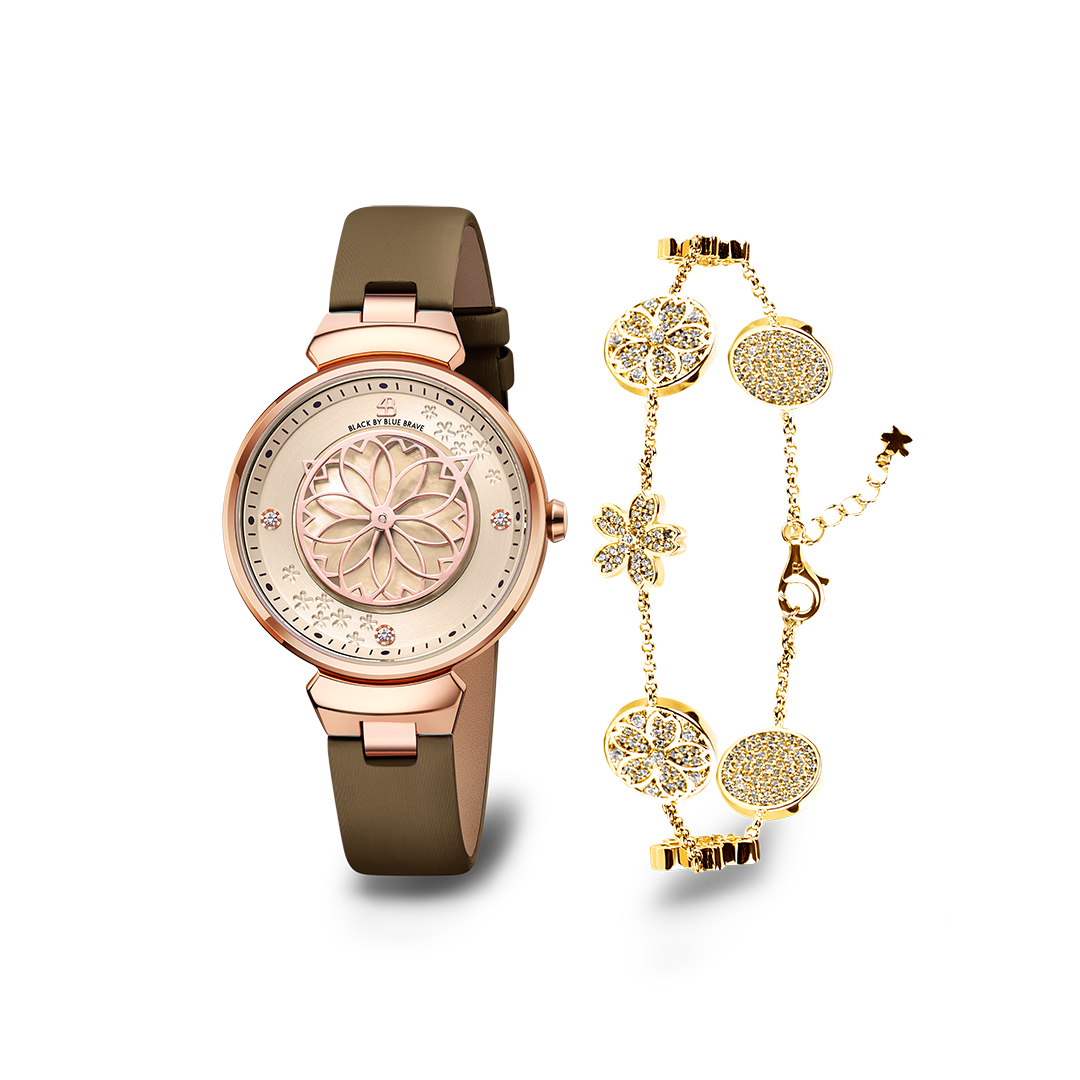 Champagne Cherry Blossom Watch With Gold Cherry Blossom Symphony Bracelet