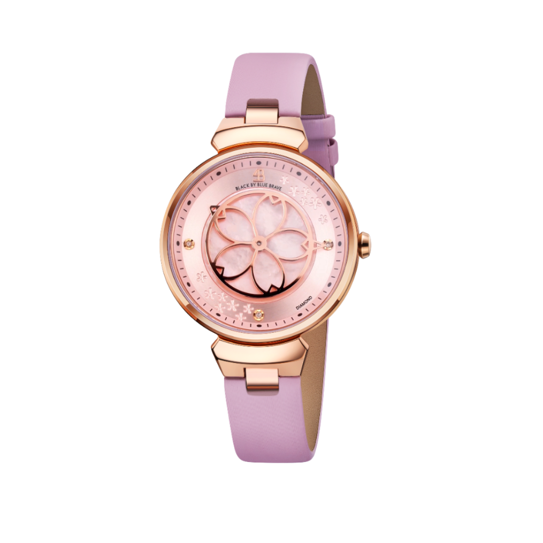 Cherry Blossom Pink Mother Of Pearl Dial Genuine Diamonds Sakura Petal Hand Leather Strap Watch