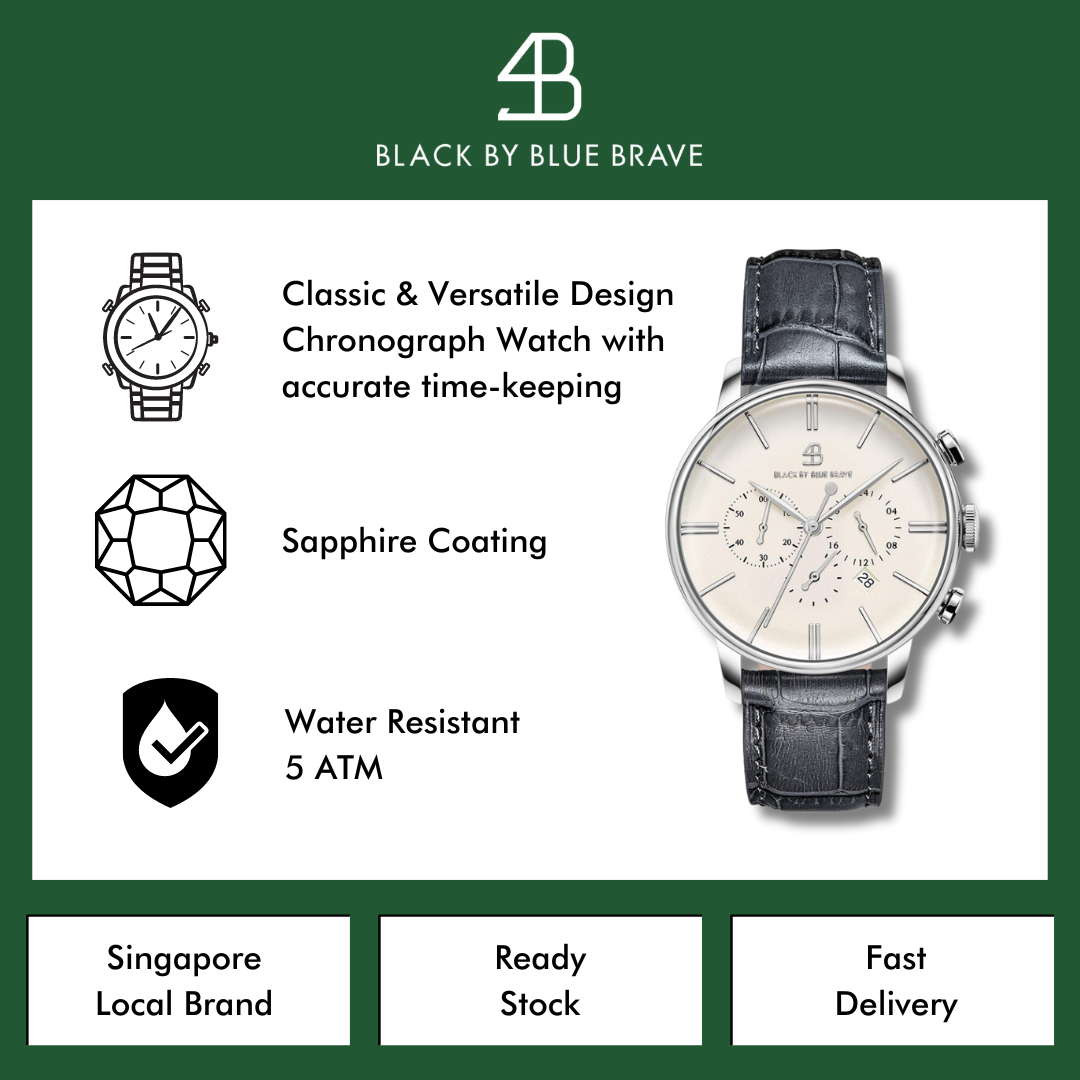 CLASSIC 1986 CHRONOGRAPH WHITE DIAL WITH GREY STRAP - BLACK BY BLUE BRAVE
