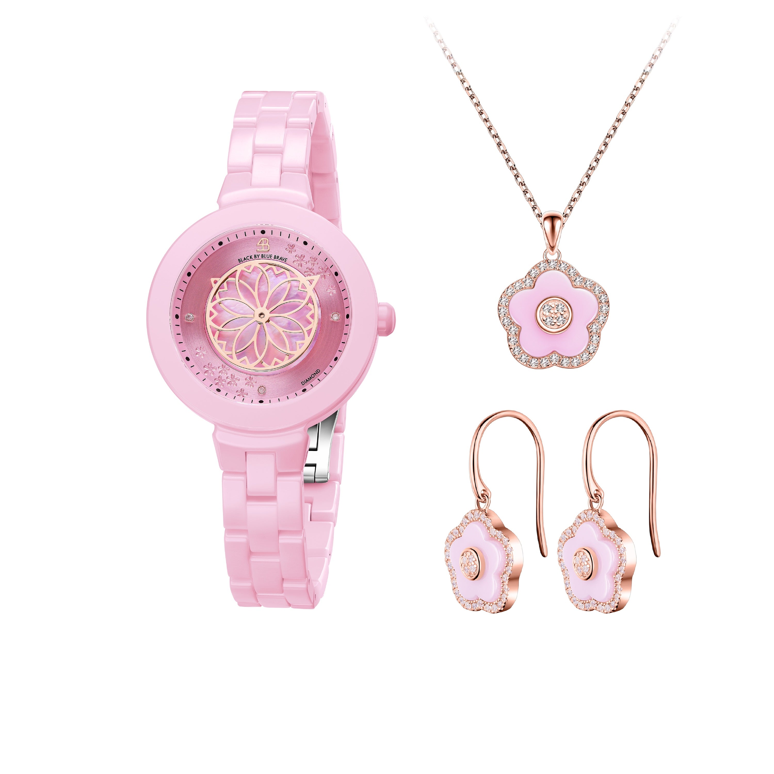 Pink Diamond Cherry Blossom Ceramic Watch With Flower Ceramic Jewelleries（Earrings & Necklace）