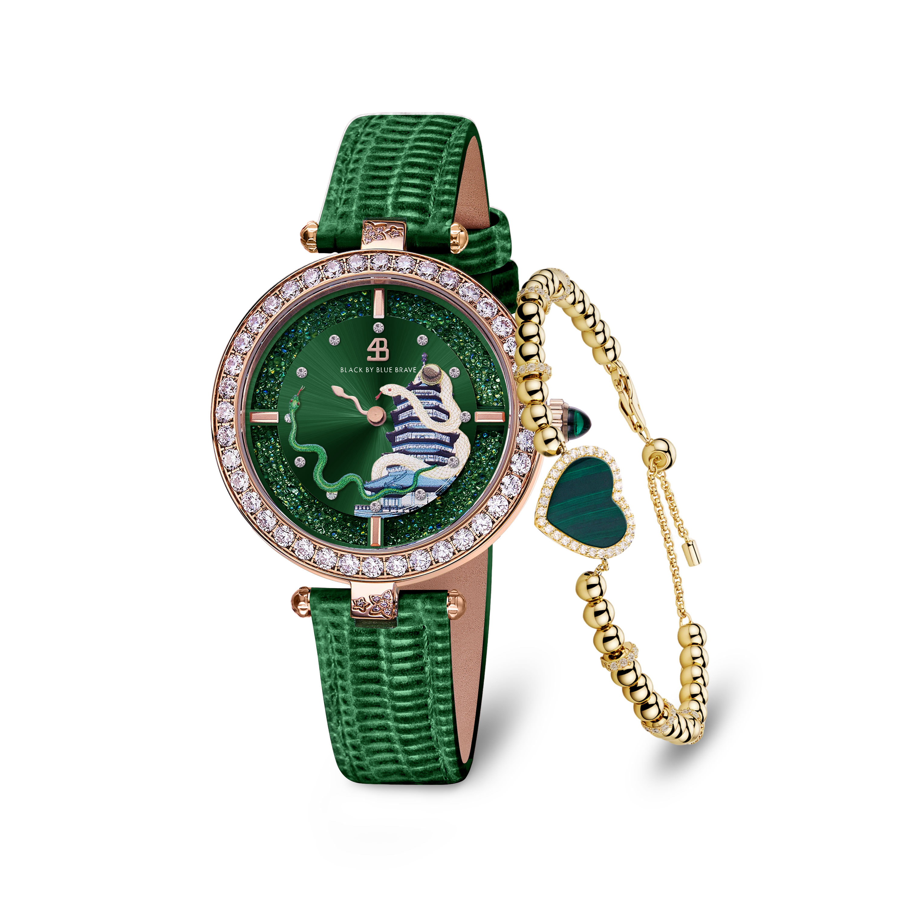Green Snake Watch With Love Heart Malachite Bracelet