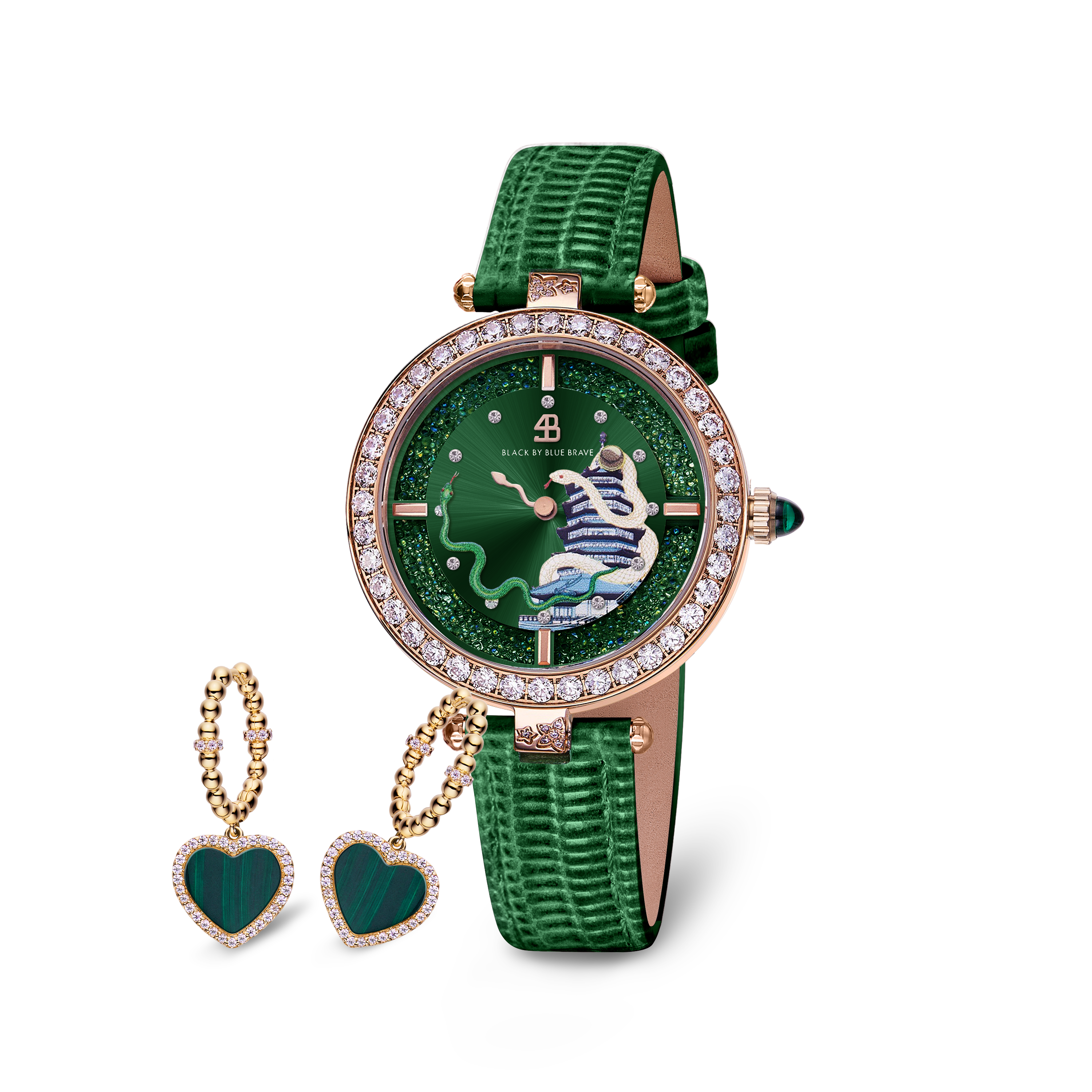 Green Snake Watch With Love Heart Malachite Earrings 20mm