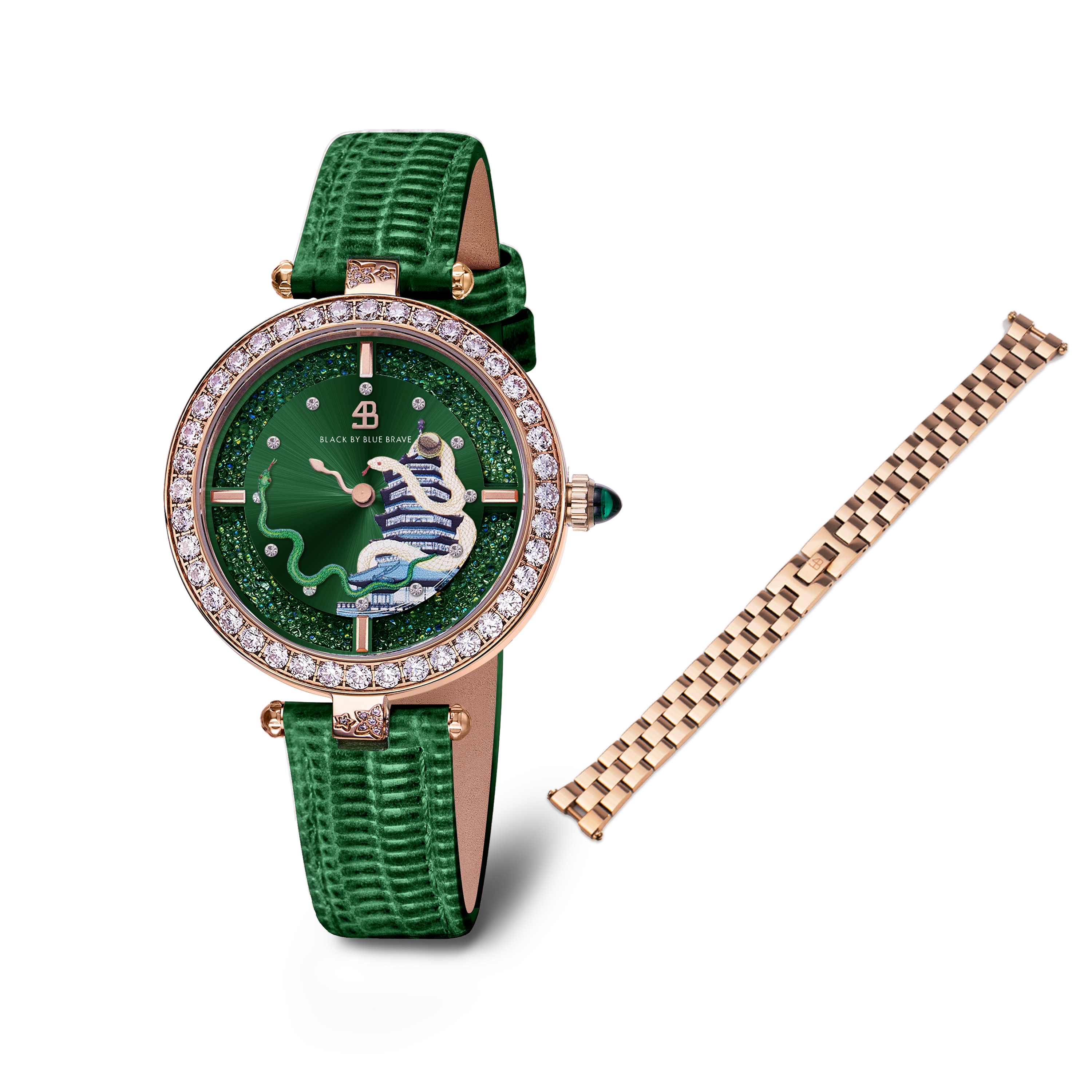 Green Snake Watch With Rose Gold 3-Link Bracelet Strap
