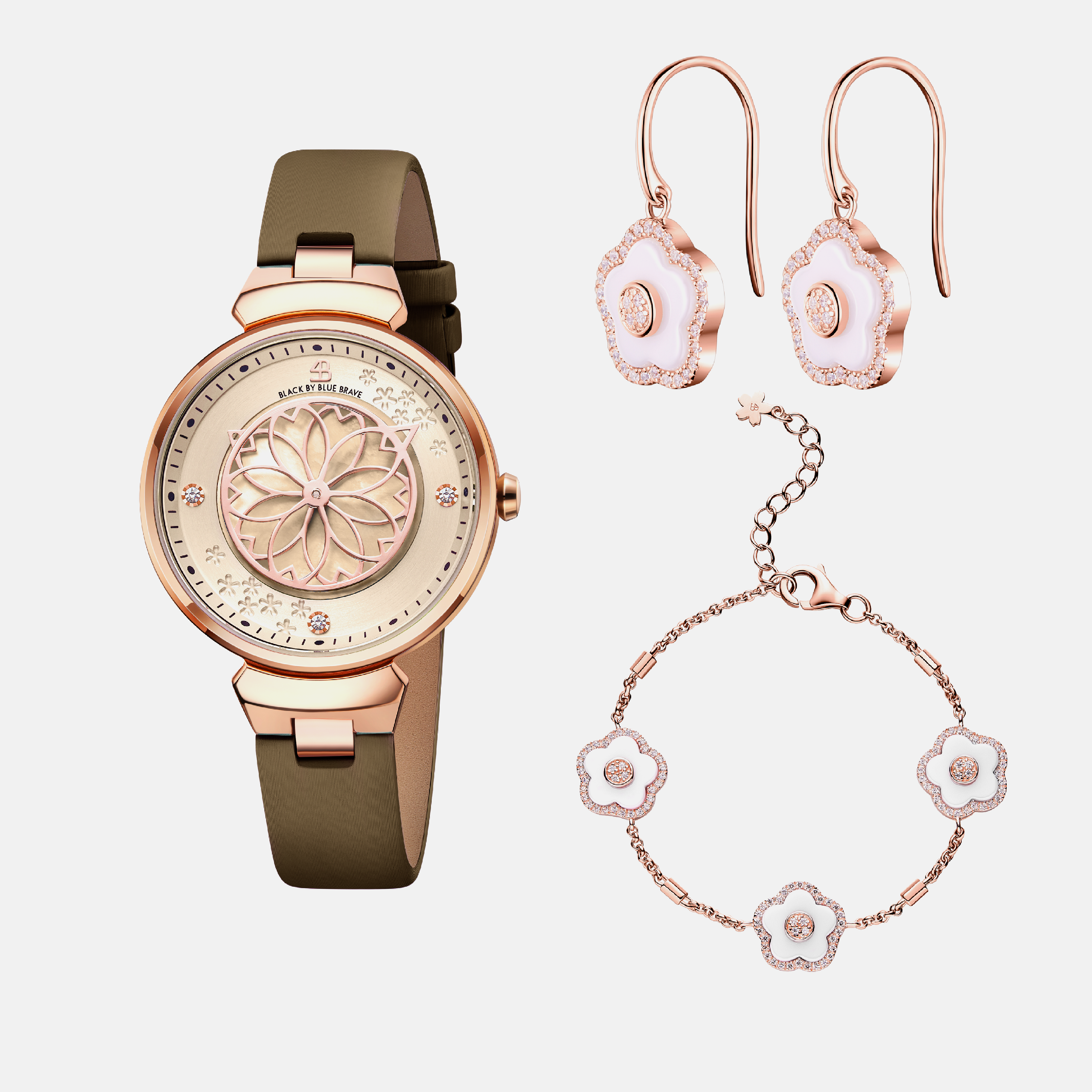 CHAMPAGNE CHERRY BLOSSOM WATCH WITH FLOWER CERAMIC  JEWELLERIES（EARRINGS & BRACELET）