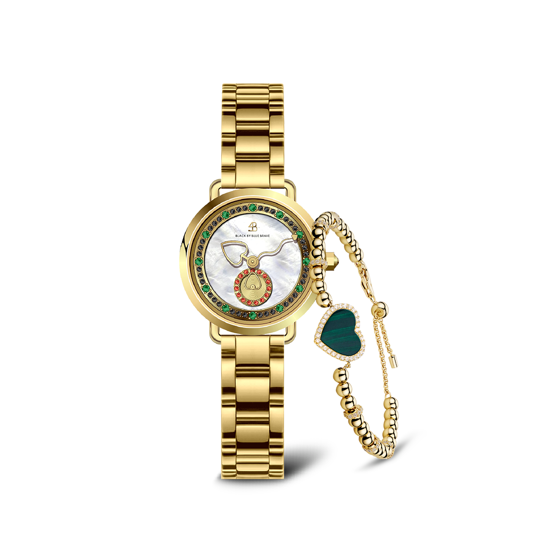 Gold Cupid Watch With Love Heart Malachite Bracelet