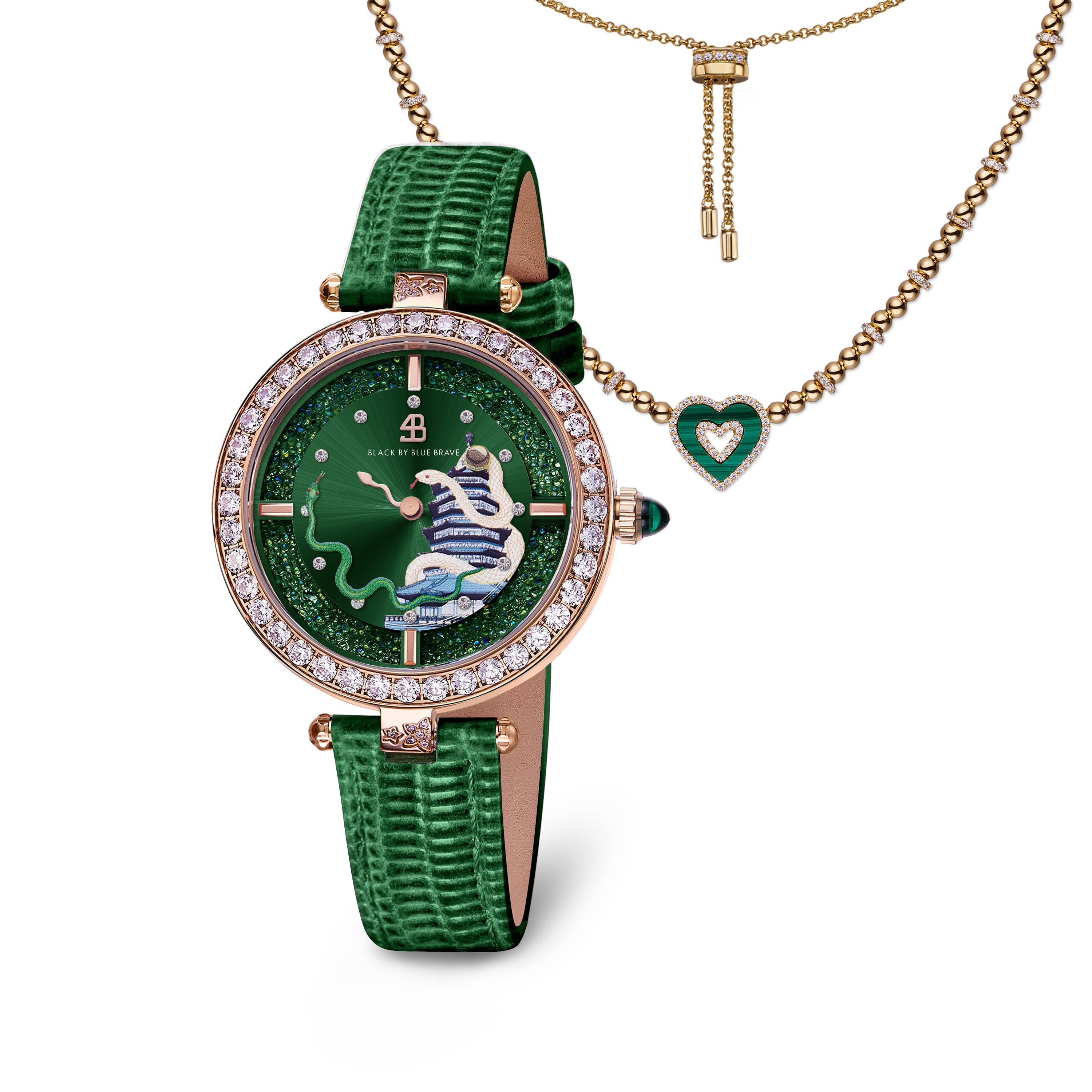 Green Snake Watch With Love Heart Malachite Double Heart Necklace
