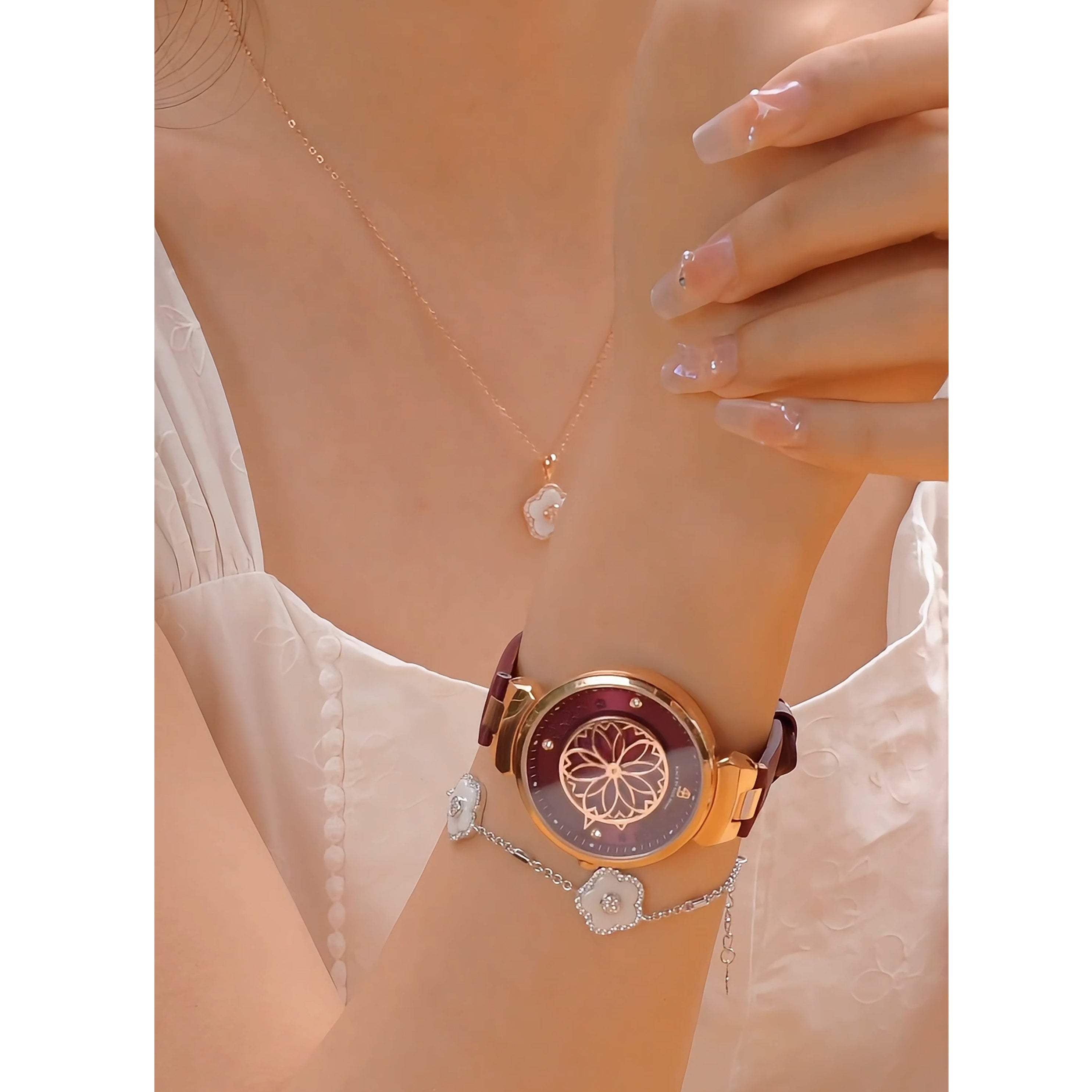 RUBY RED CHERRY BLOSSOM WATCH WITH ROSEGOLD BRACELET & WHITE CERAMIC