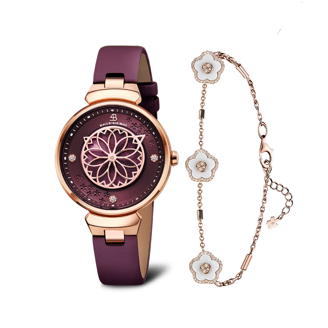 Blue Cherry Blossom Watch With Rosegold Bracelet & White Ceramic