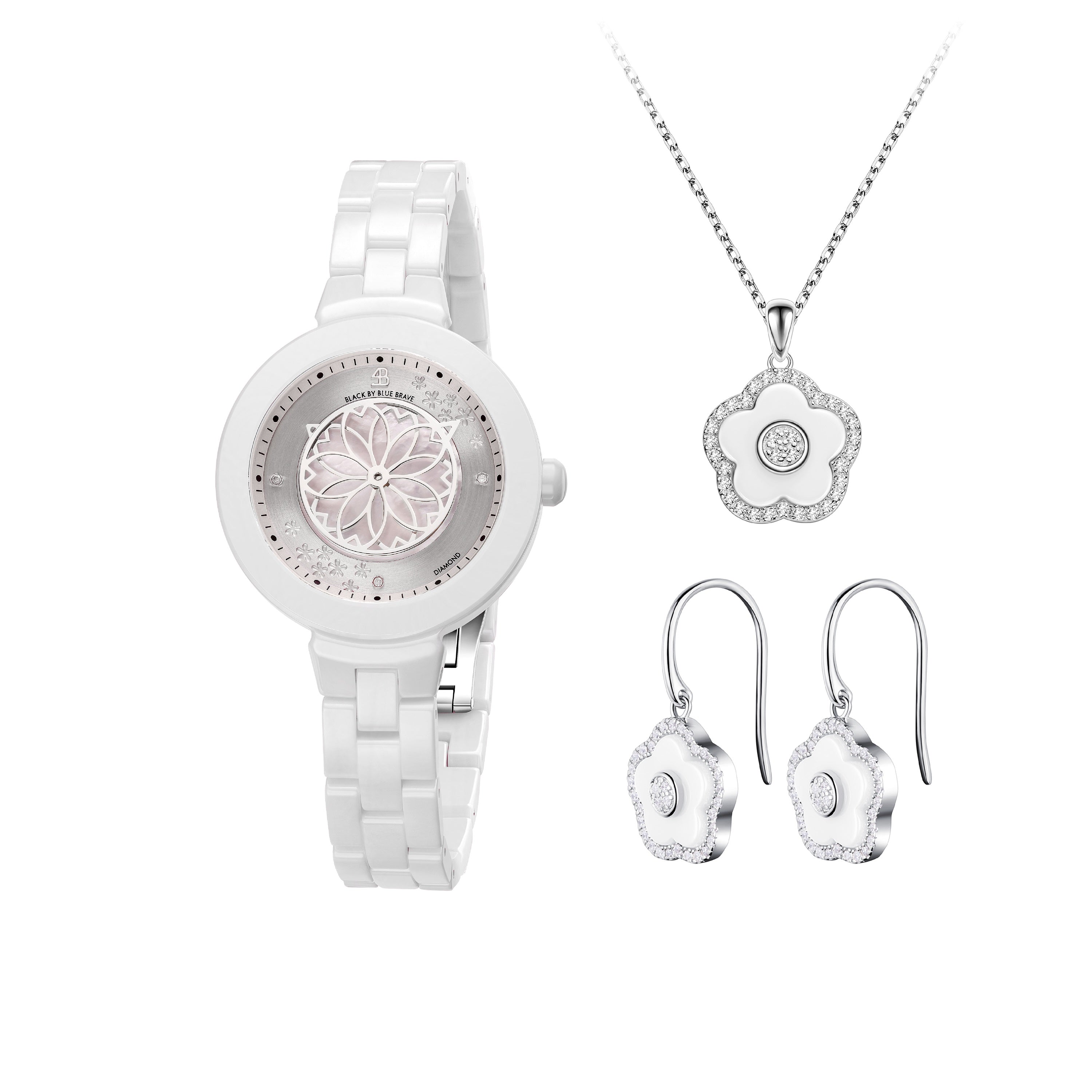 White Diamond Cherry Blossom Ceramic Watch With Flower Ceramic Jewelleries（Earrings & Necklace）