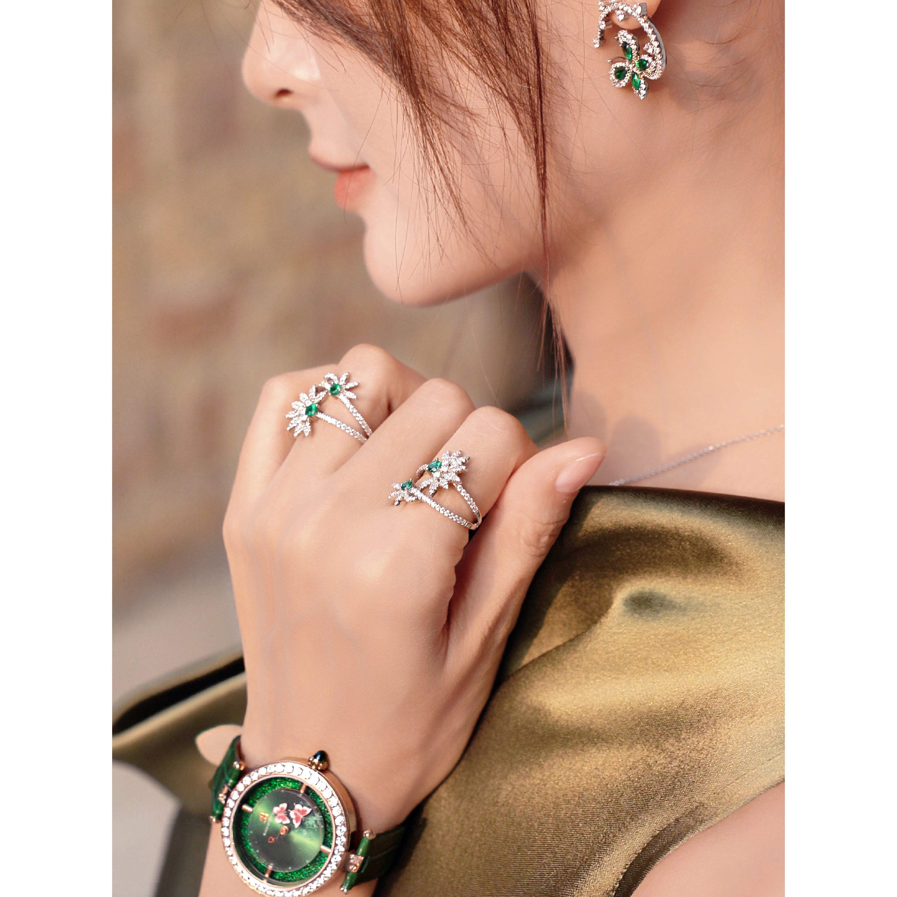 GREEN BUTTERFLY LOVERS WATCH & BUTTERFLY LOVERS 14mm PVD ROSEGOLD BRACELET