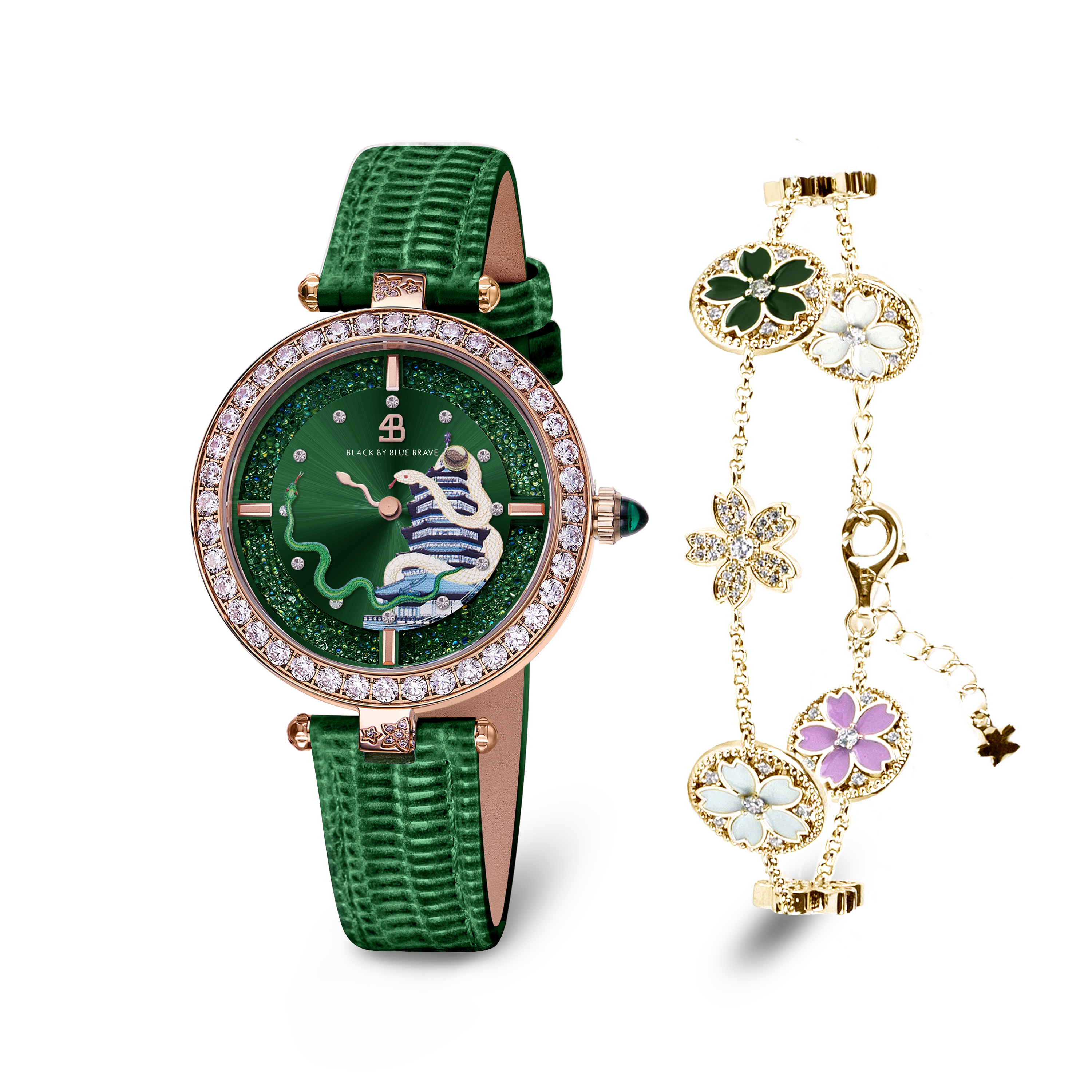 Green Snake Watch With Cherry Blossom Symphony Enamel 7-Flower Gold Bracelet