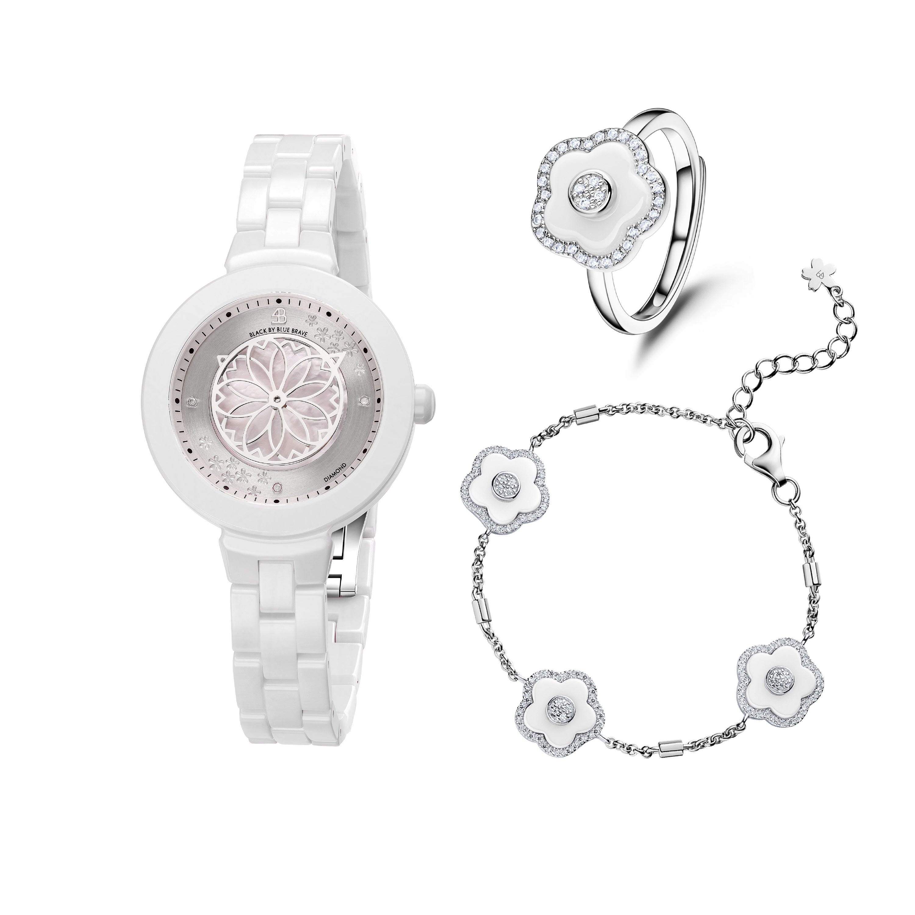 (34mm) White Diamond Cherry Blossom Ceramic Watch With Flower Ceramic  Jewelleries（Ring & Bracelet）