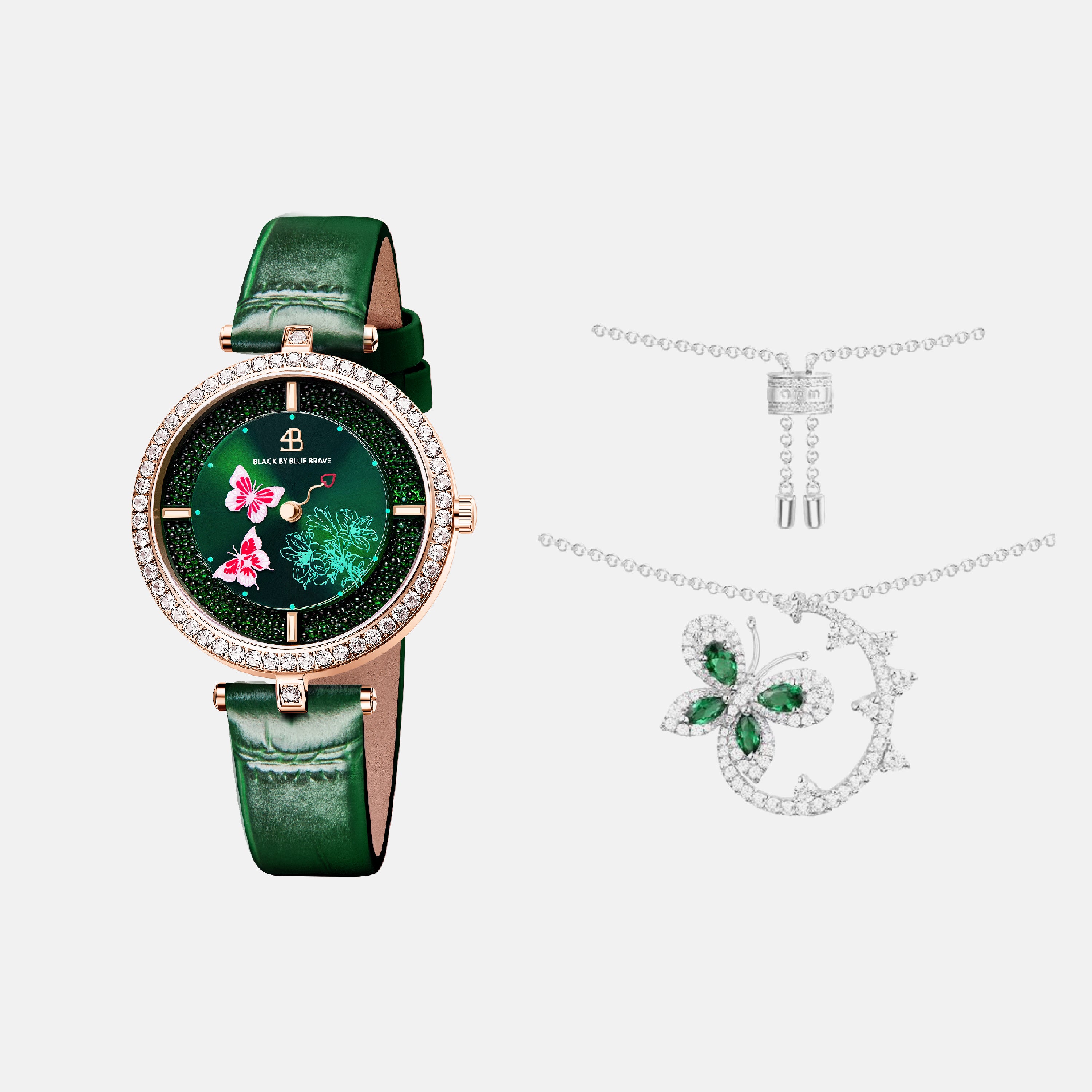 GREEN BUTTERFLY LOVERS WATCH & BUTTERFLY LOVERS EMERALD NECKALCE