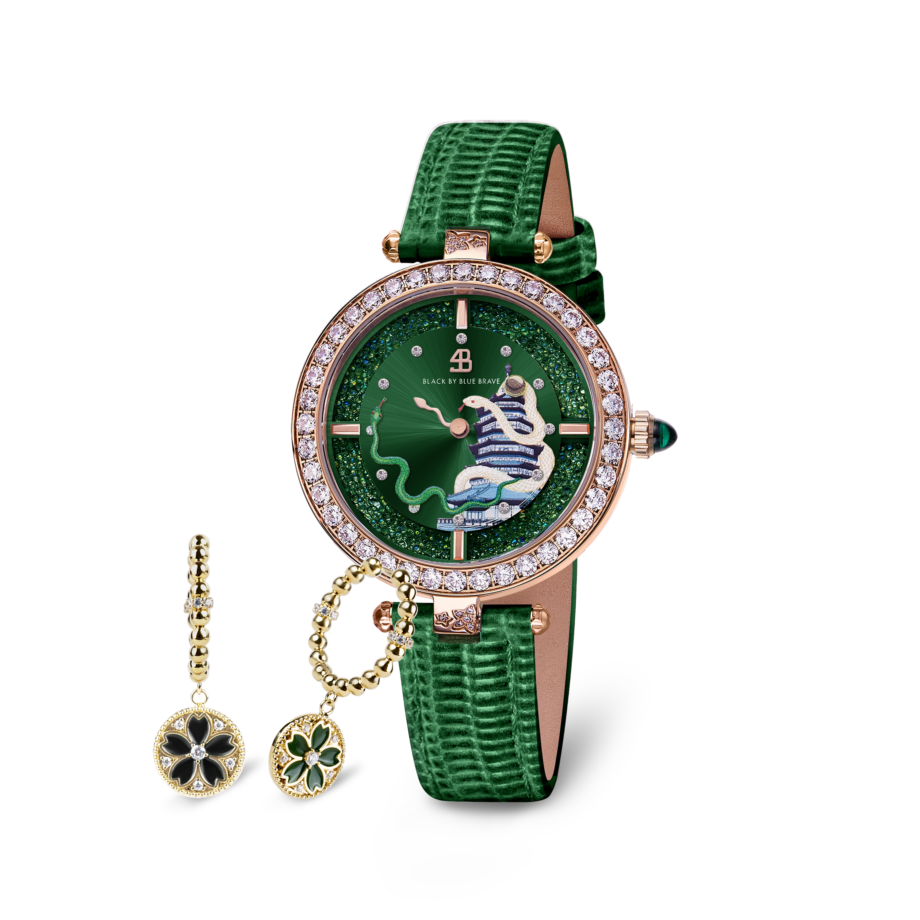 Green Snake Watch With Cherry Blossom Symphony Green & Black Enamel Gold Earrings