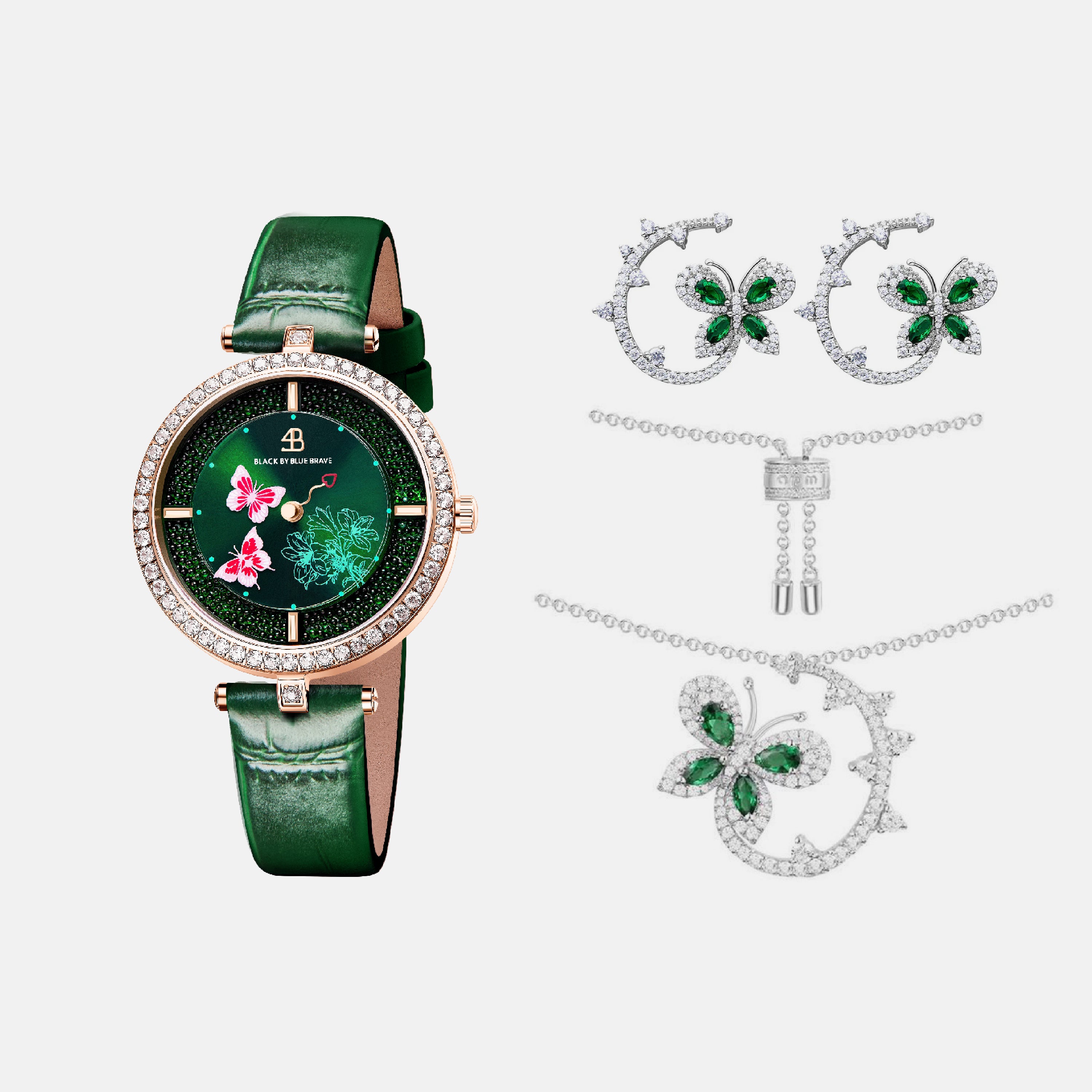 GREEN BUTTERFLY LOVERS WATCH WITH BUTTERFLY LOVERS JEWELLERIES（EARRINGS & NECKLACE）