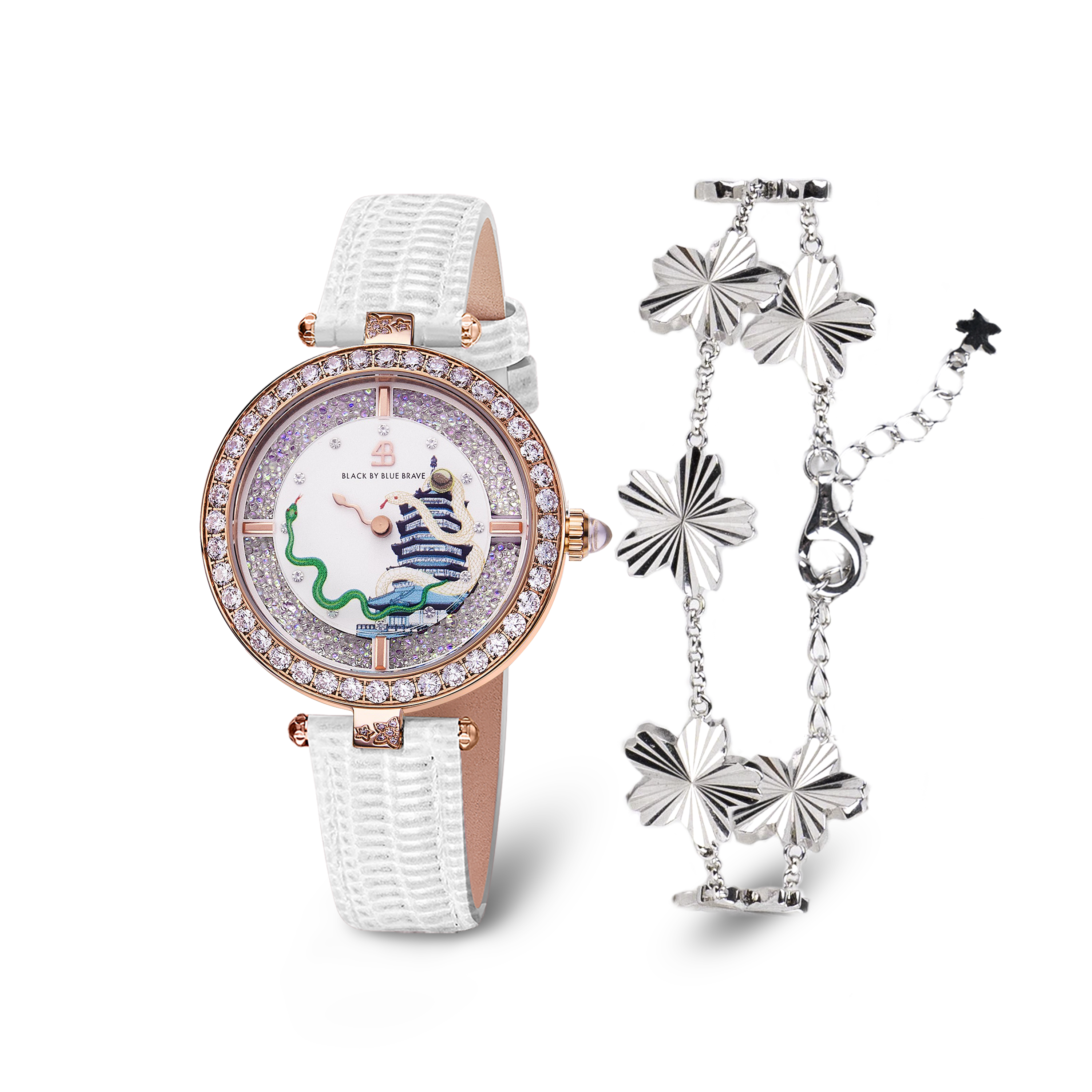 White Snake Watch With Silver Cherry Blossom Gleam Bracelet - BLACK BY BLUE BRAVE