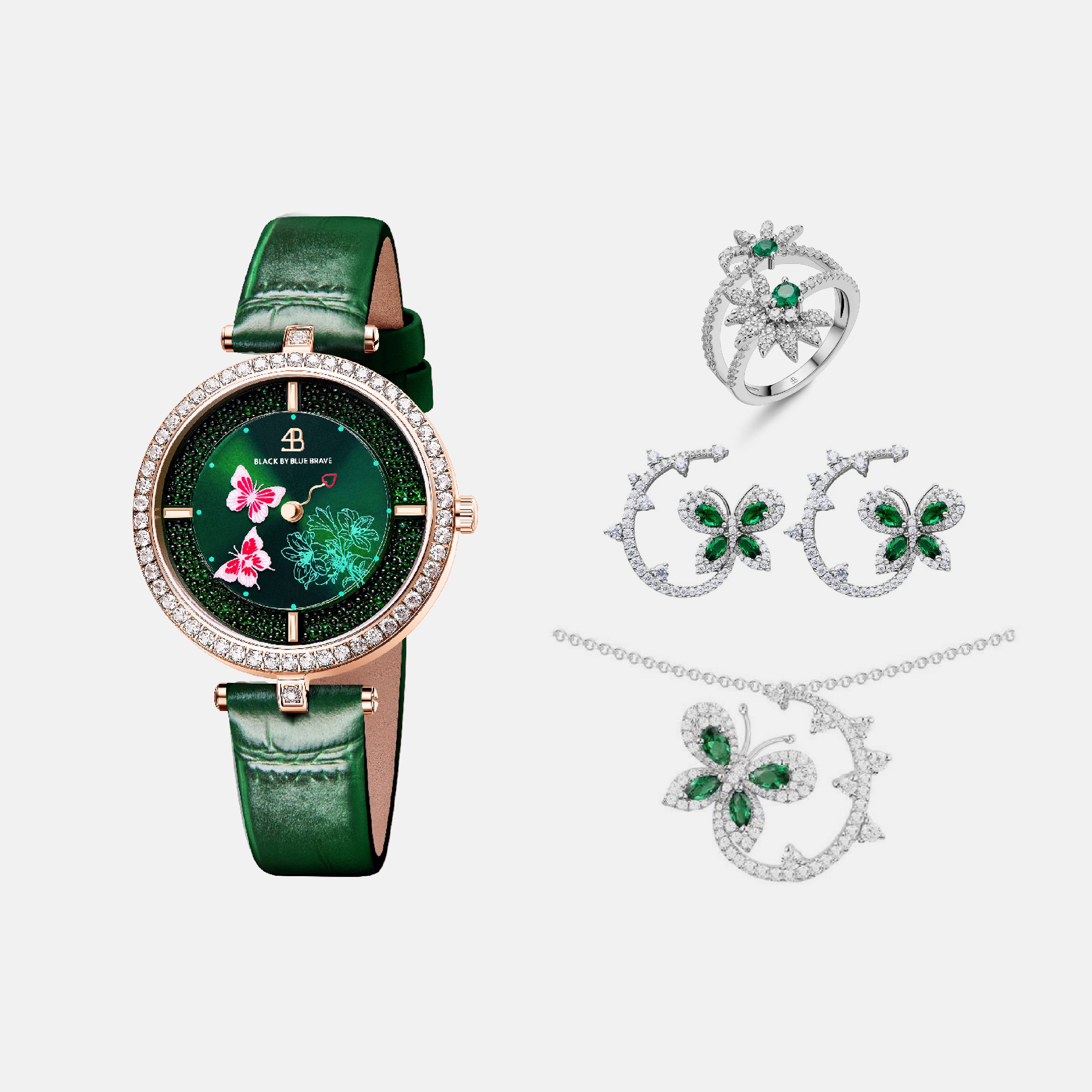 GREEN BUTTERFLY LOVERS WATCH WITH BUTTERFLY LOVERS JEWELLERIES（EARRINGS & NECKLACE & RING）