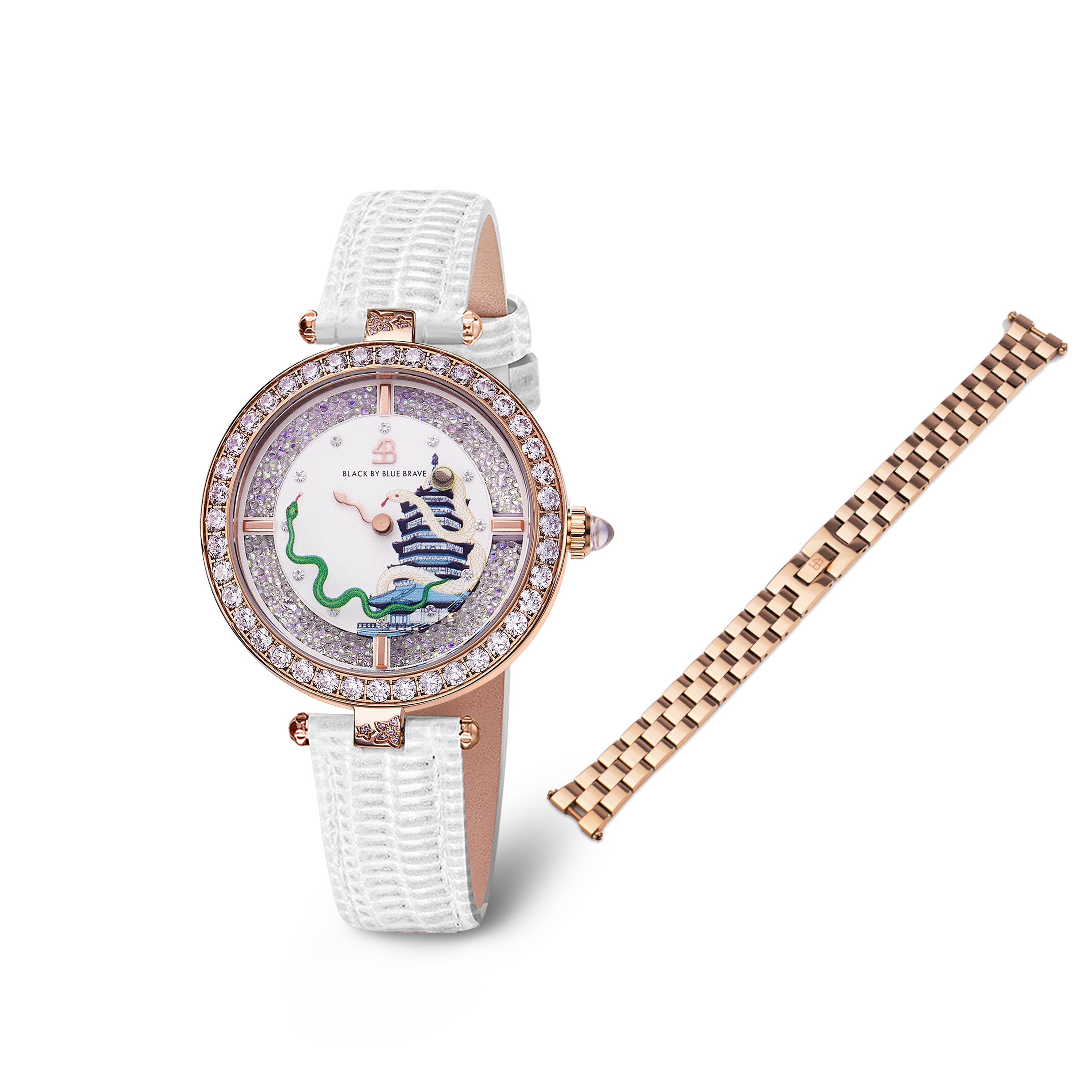 White Snake Watch With Rose Gold 3-Link Bracelet Strap - BLACK BY BLUE BRAVE