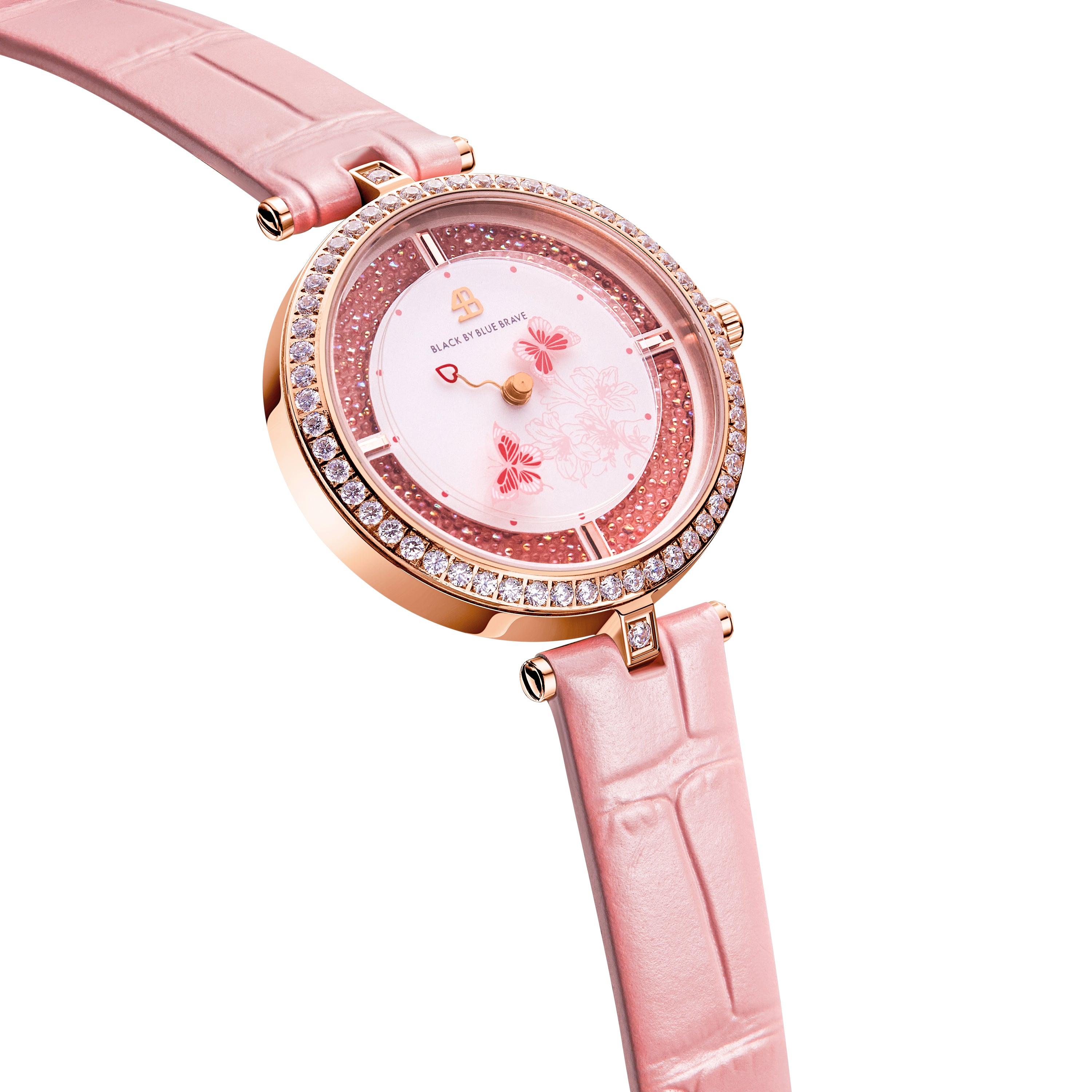 (34mm) Pink Butterfly Lovers Watch With Flower Ceramic Jewelleries（Earrings & Necklace）