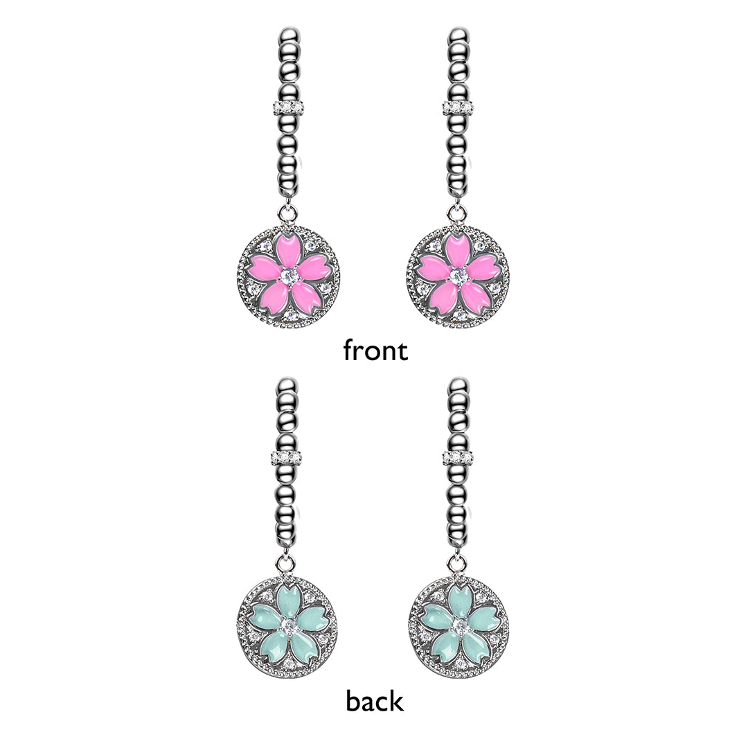 Cherry Blossom Symphony Pink & Blue Enamel Silver Earrings (Platinum Plated)