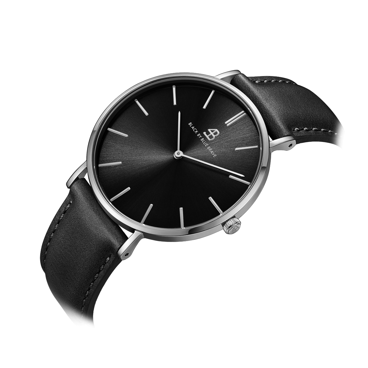 Classic 40mm Black Dial Silver Case Black Leather Strap Watch