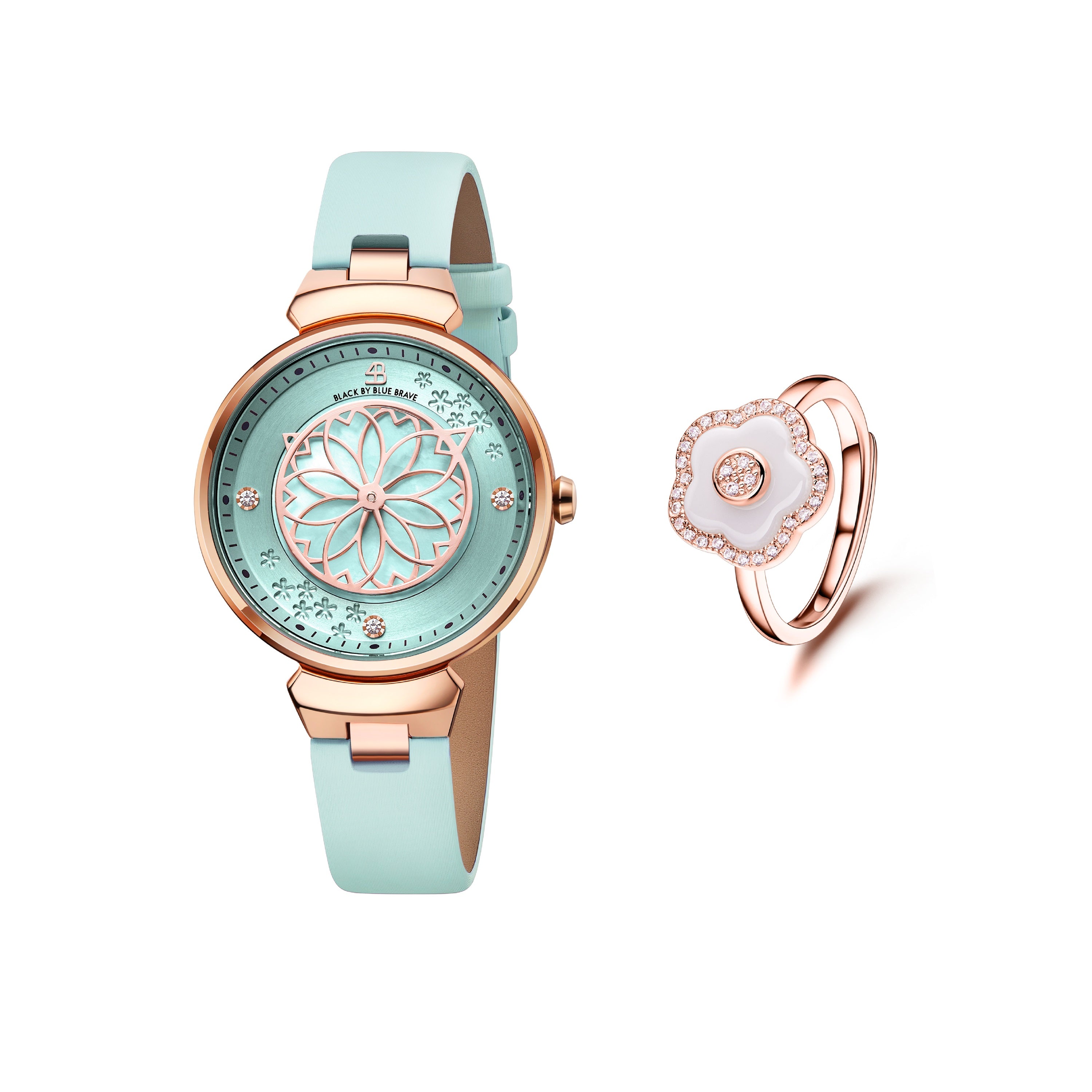 Blue Cherry Blossom Watch With Flower Ceramic Ring