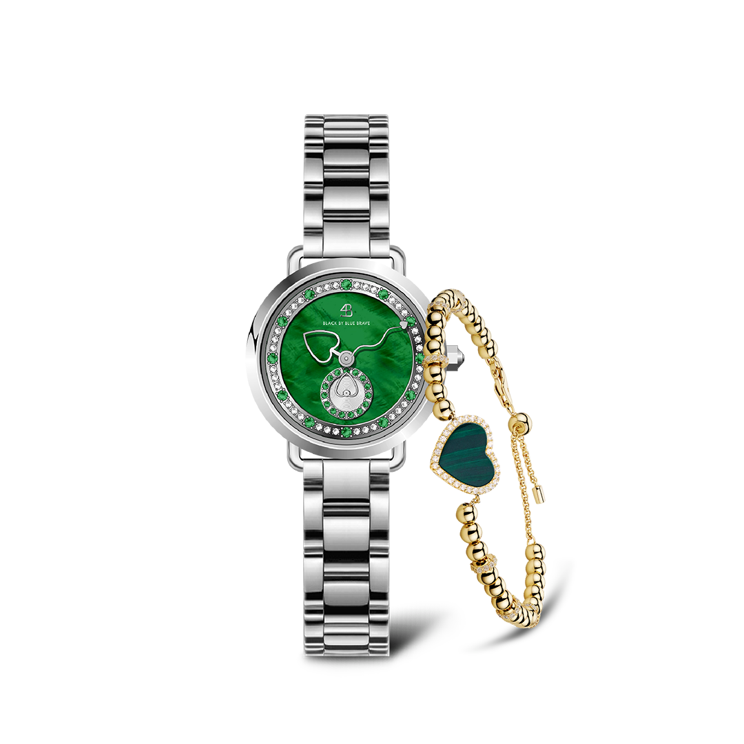 Silver Cupid Watch With Love Heart Malachite Bracelet