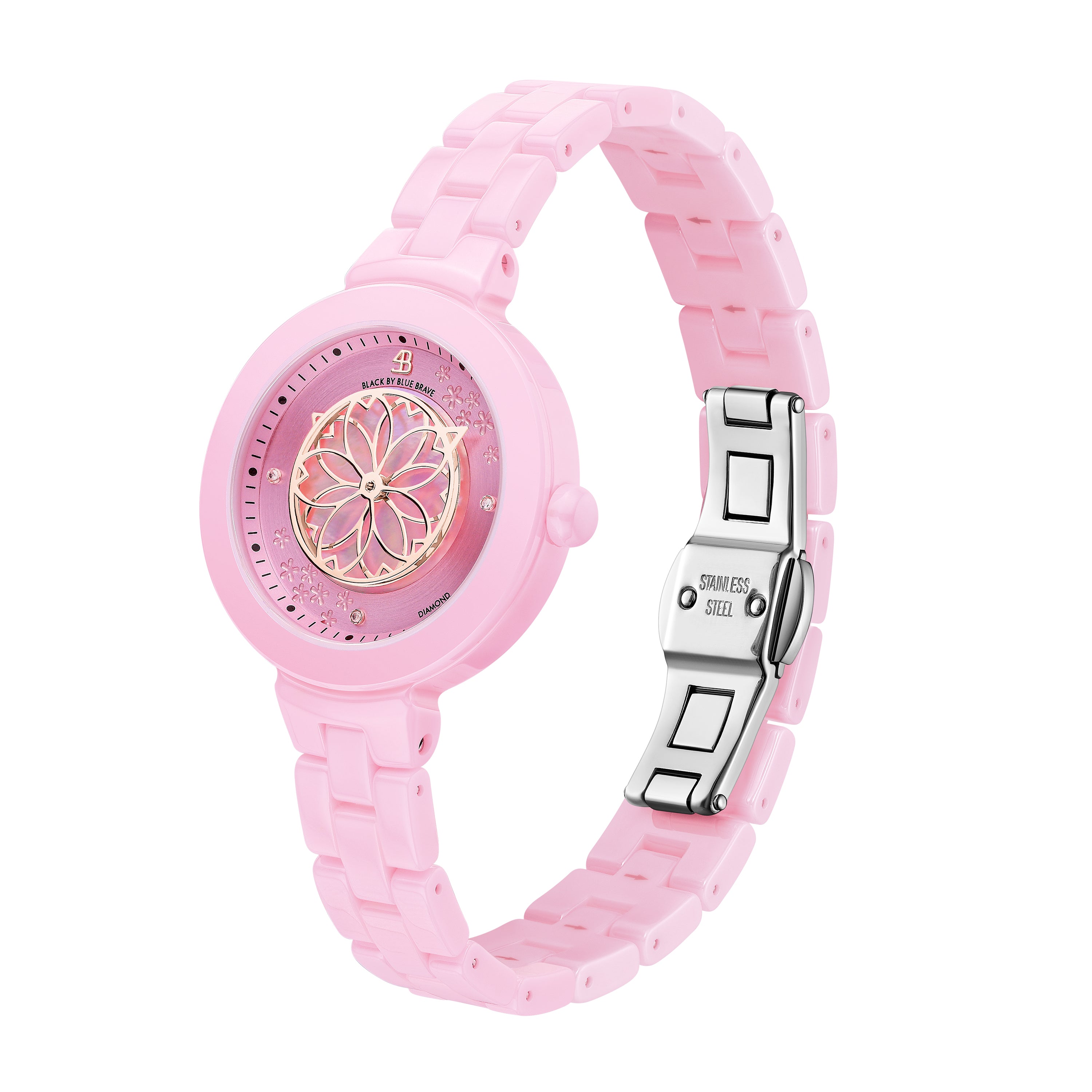 Pink Diamond Cherry Blossom Ceramic Watch With Flower Ceramic Jewelleries (Earrings, Necklace and Bracelet)