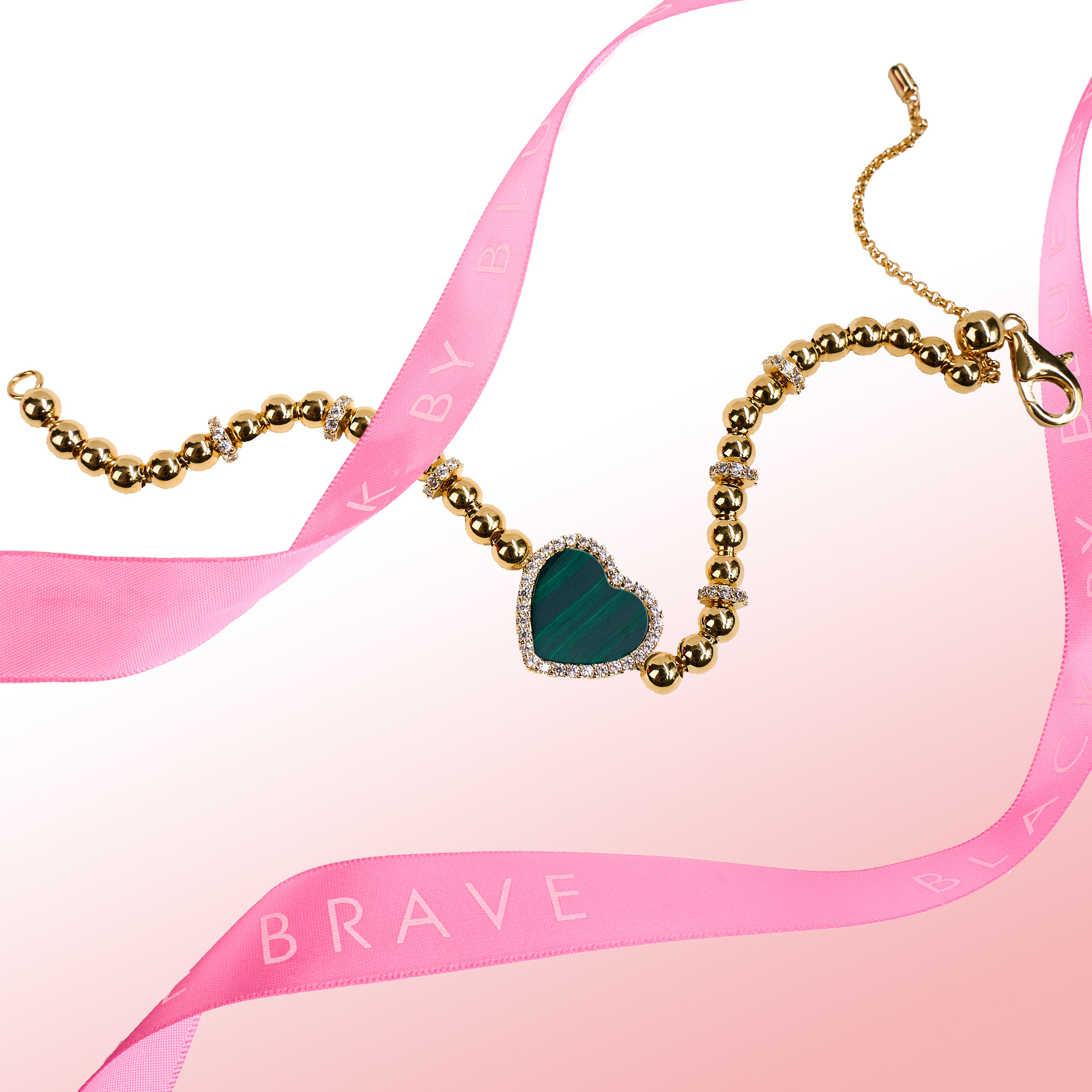 Love heart love Bracelet Brass 18K Gold Plating & Green Heart Malachite