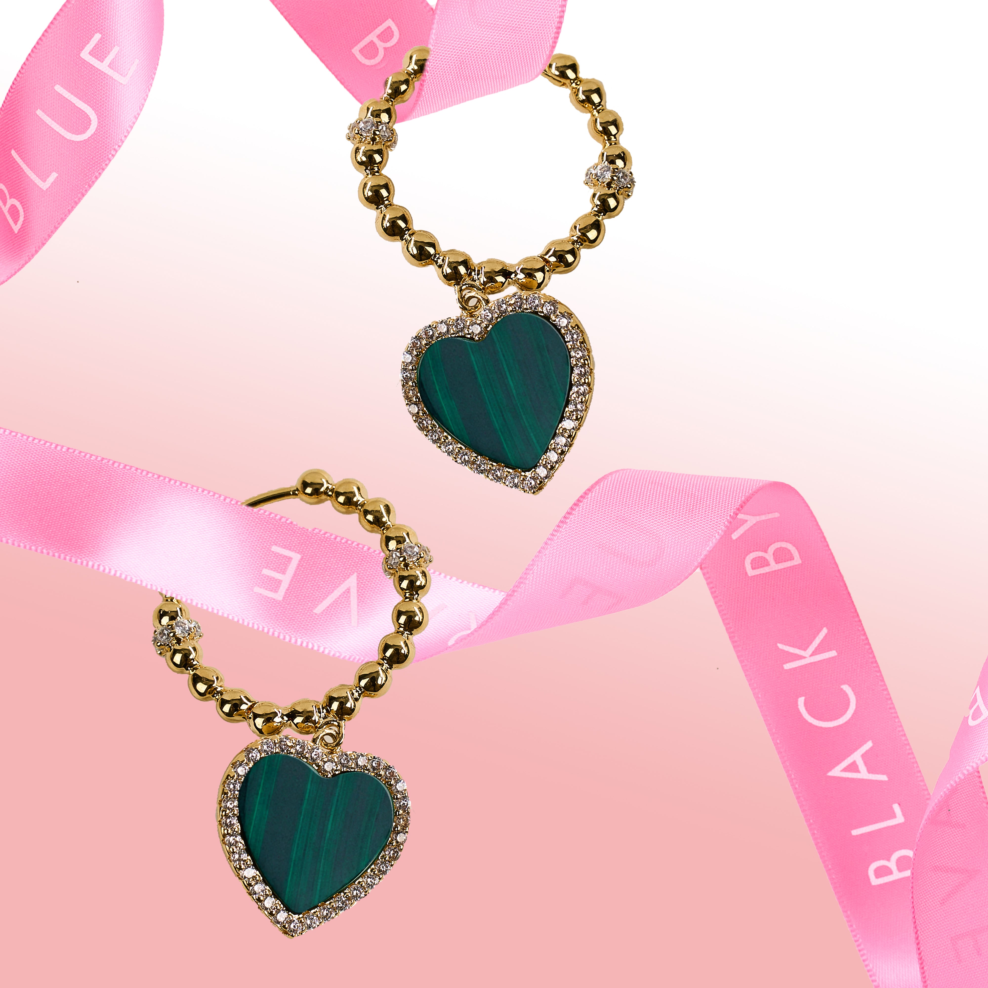 Love heart Earrings Brass 18K Gold Plating & Green Heart Malachite