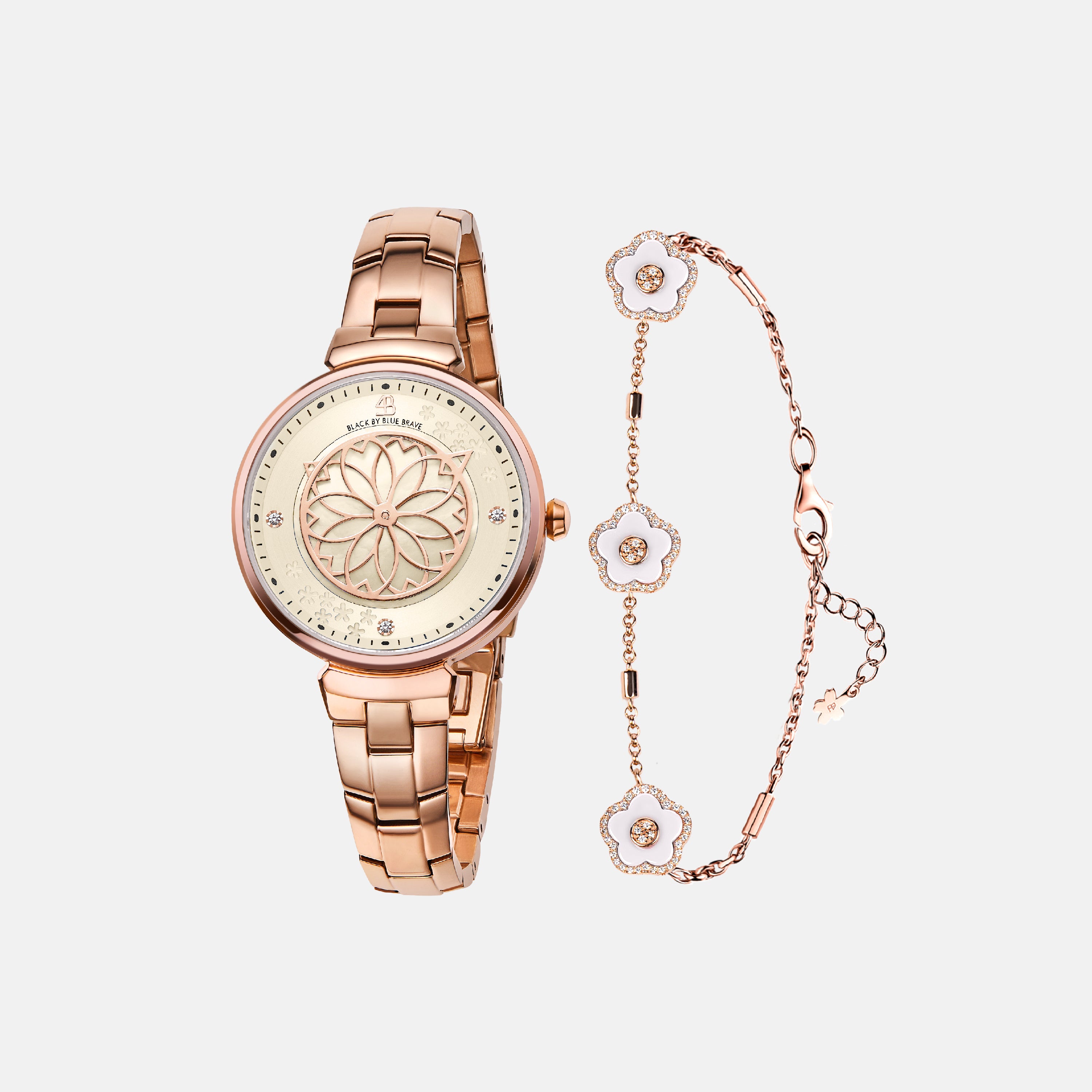 CHAMPAGNE CHERRY BLOSSOM WATCH WITH ROSEGOLD BRACELET & WHITE CERAMIC