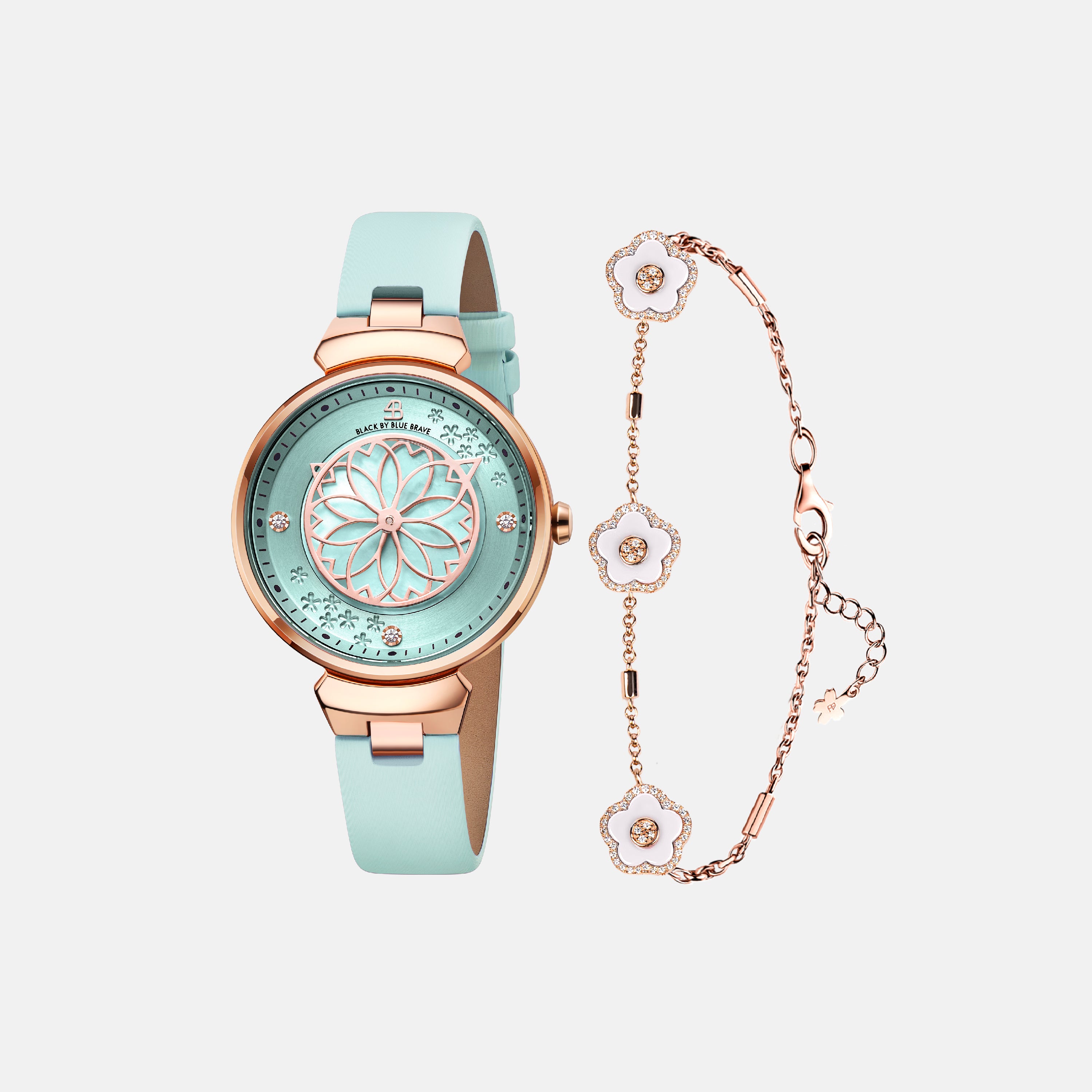 BLUE CHERRY BLOSSOM WATCH WITH ROSEGOLD BRACELET & WHITE CERAMIC